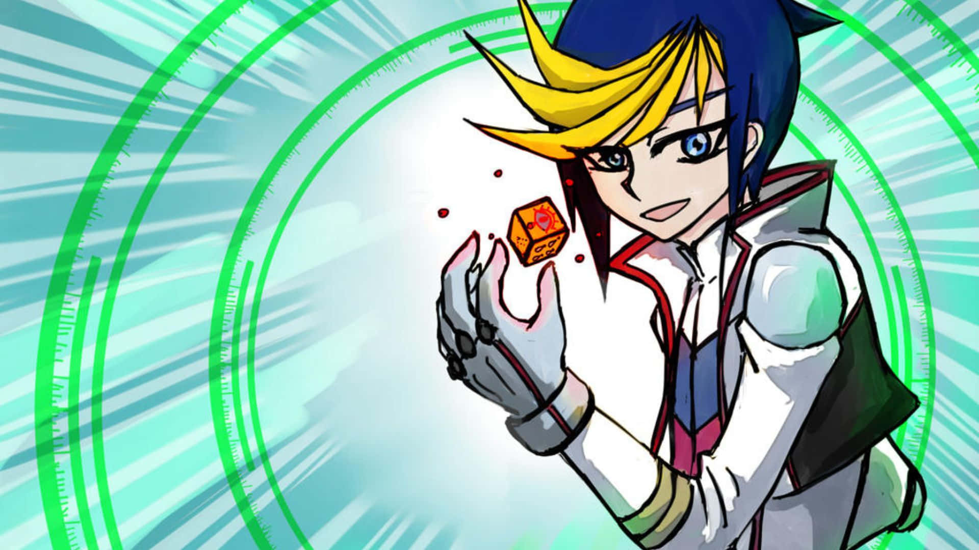 Yu-gi-oh Yugo 桌布 壁紙 — 擁有藍色和黃色頭髮的動漫角色，在動態綠色圓形能量背景前手持發光的橙色立方體。