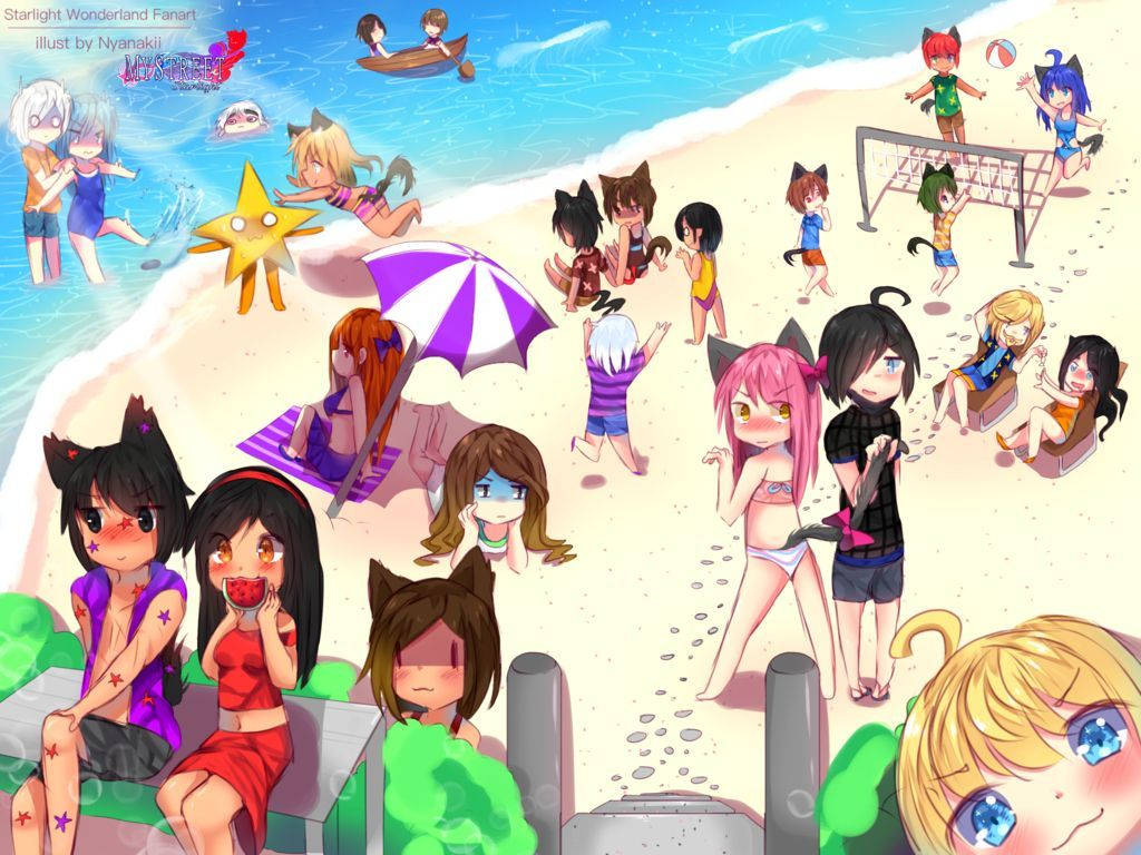 Aphmau And Friends At The Beach 壁紙 — 擁有貓耳嘅動漫角色喺陽光普照嘅沙灘日打排球同喺遮陽傘下放鬆。