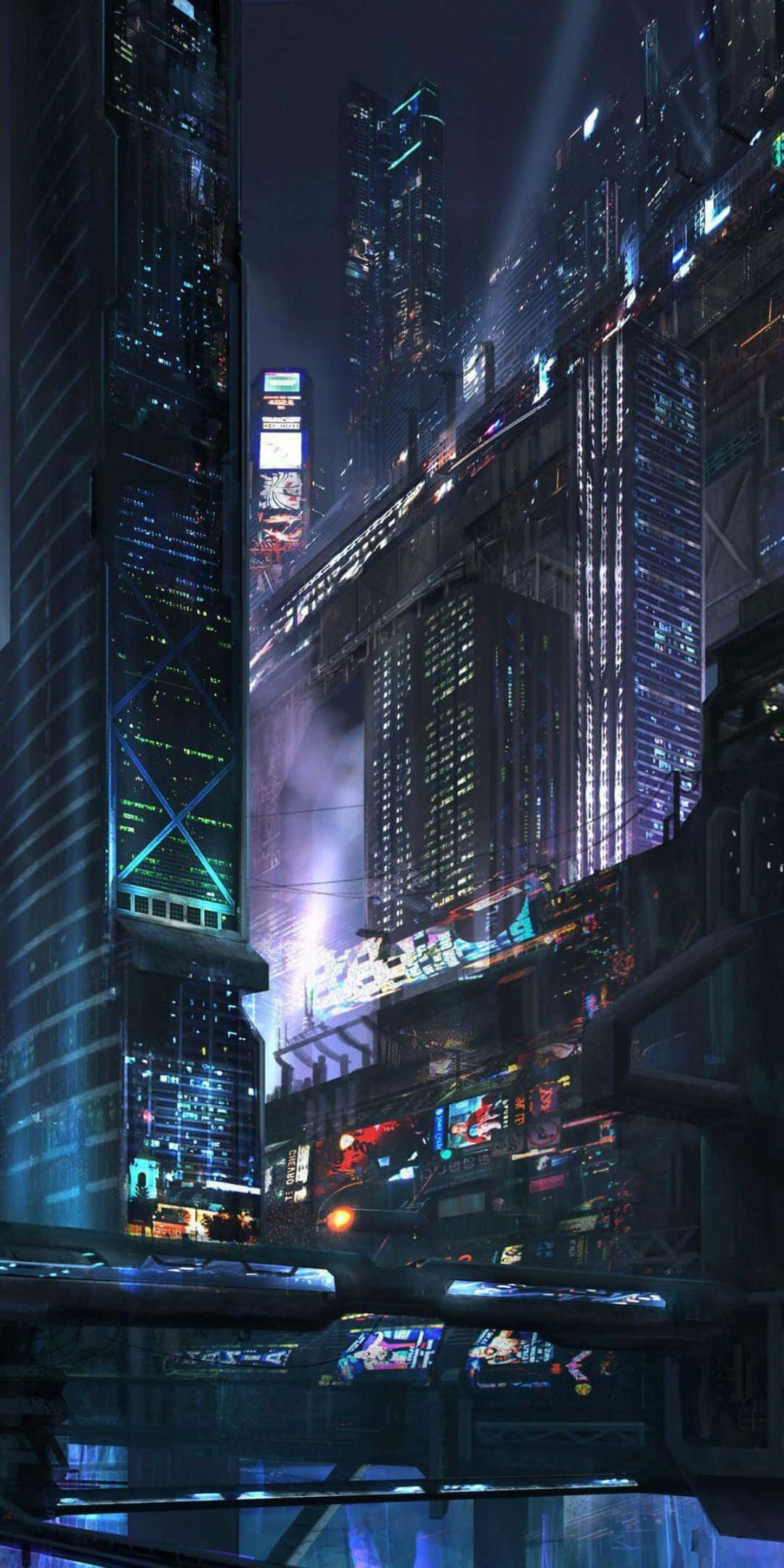 擁有賽博朋克2077 限量版 Pixel 3 壁紙 — 夜晚高聳的霓虹燈光 cyberpunk 城市景觀，發光的摩天大樓和飛行車輛在潮濕的街道上反射。