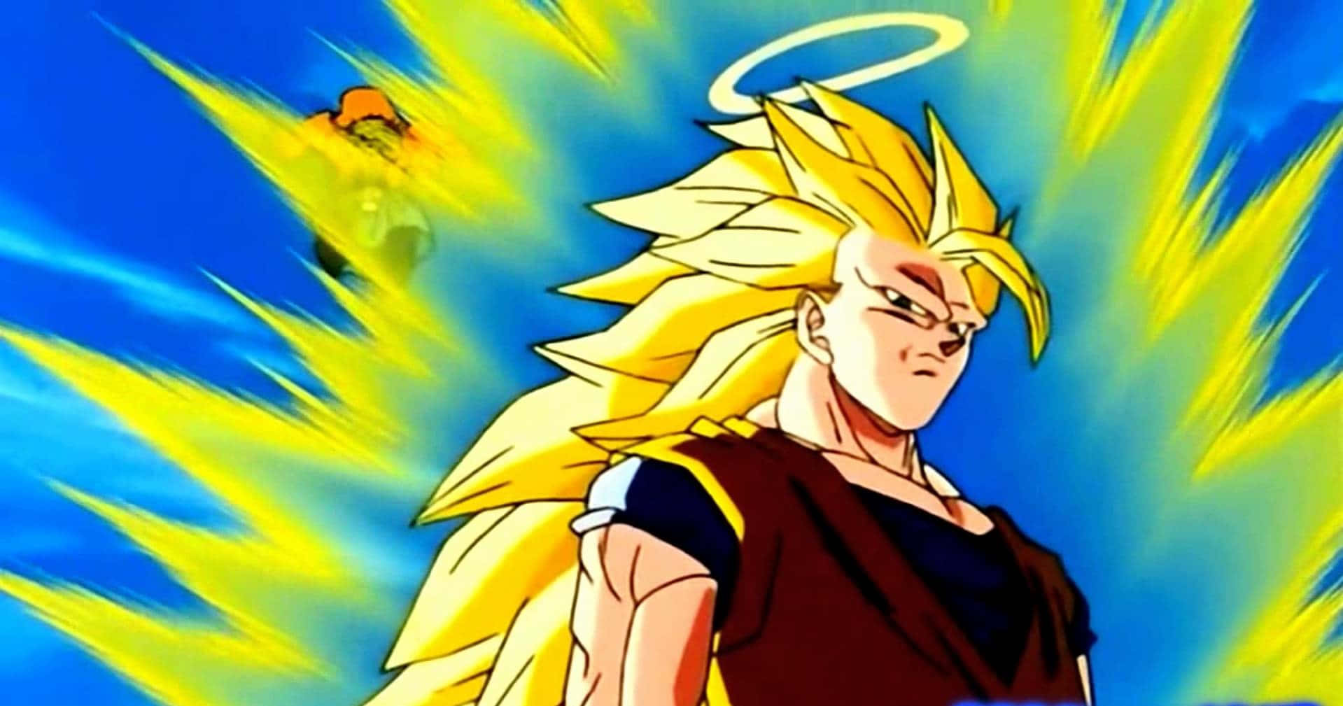 Ssj3 桌布 壁紙 — 擁有金色刺蝟頭和光環的動漫角色，在藍天下散發出黃色能量。