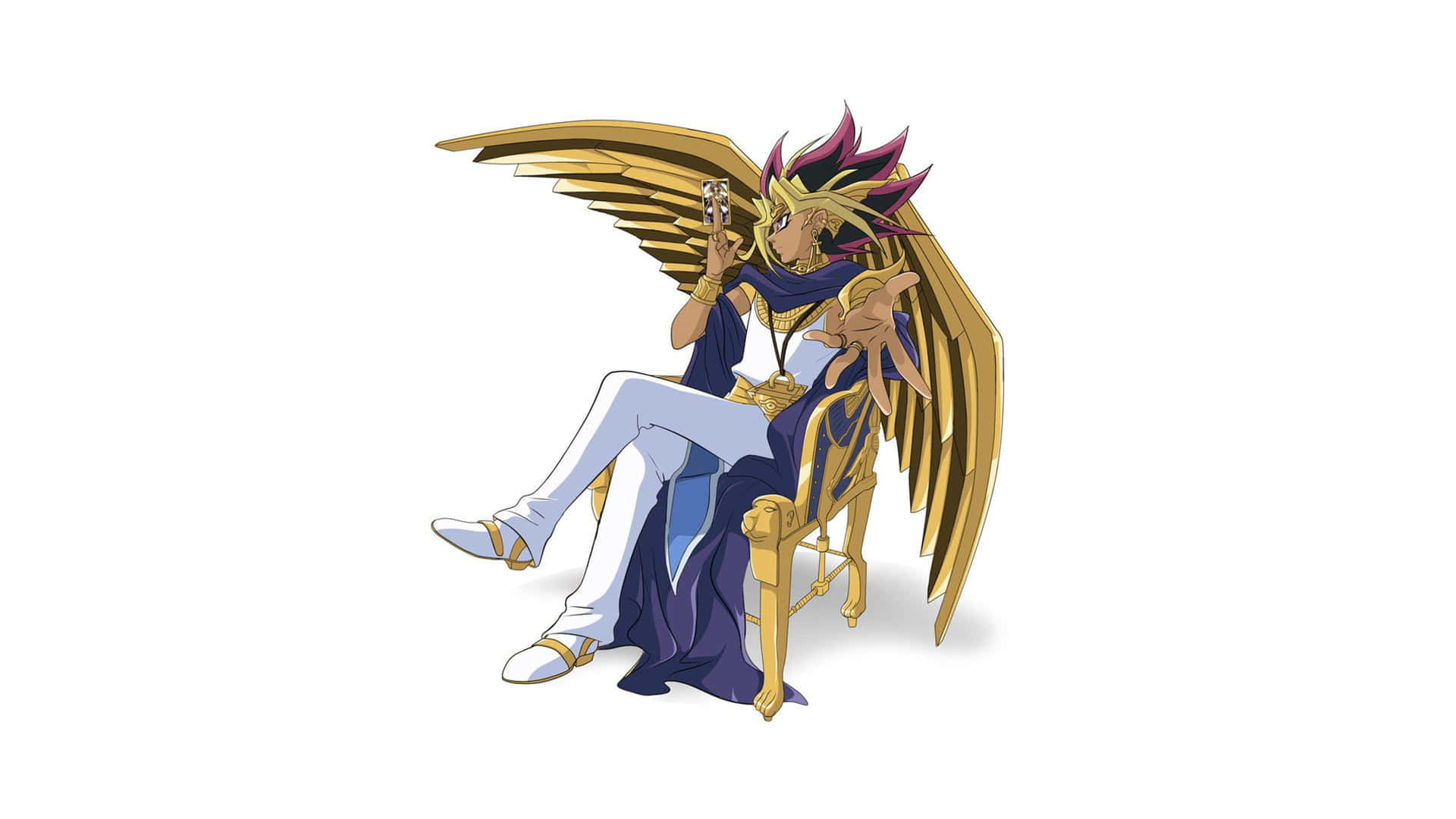 Yami Yugi 桌布 壁紙 — 擁有金色翅膀和尖刺頭髮的動漫角色，威嚴地坐在王座上手持一張卡牌。