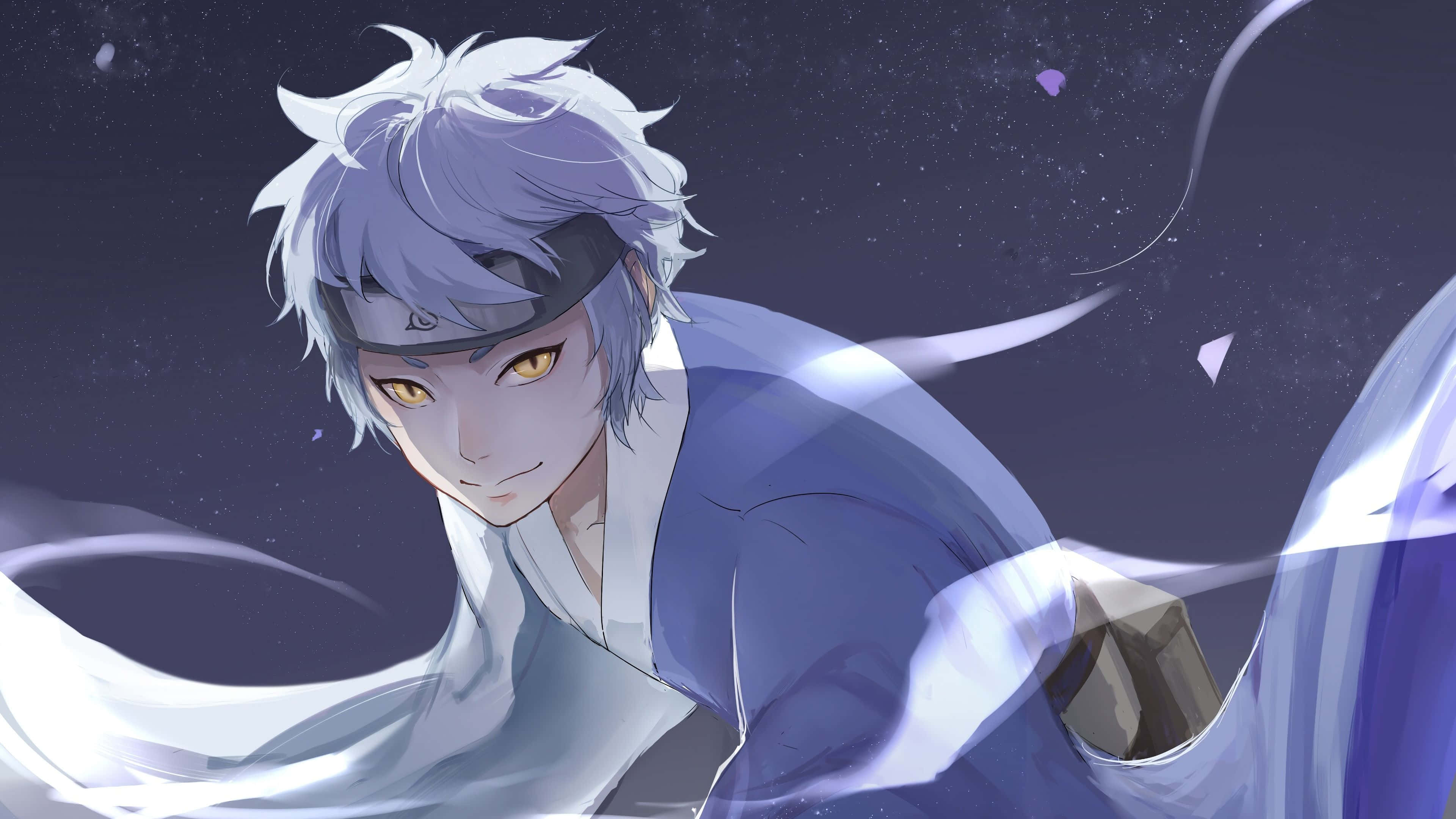 Mitsuki 桌布 壁紙 — 擁有銀色頭髮和金色眼睛的動漫角色，在繁星點點的夜空下，披著飄逸的布料凝視前方。