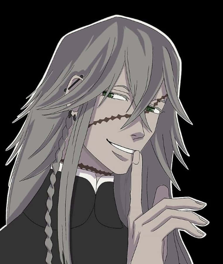 Black Butler Undertaker 桌布 壁紙 — 擁有長灰髮和綠眼睛的動漫角色，在黑色背景前將手指放在嘴唇上，露出頑皮的笑容。