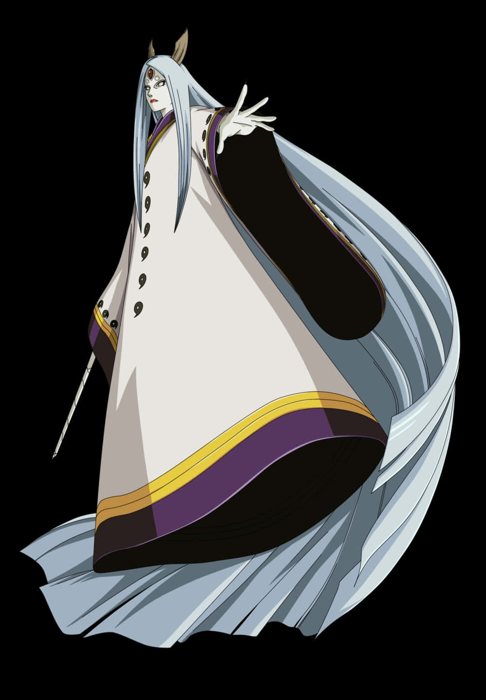 Kaguya Otsutsuki 桌布 壁紙 — 擁有長銀色頭髮和角狀頭飾的動漫角色，穿著飄逸的白色長袍，站在黑色背景前。
