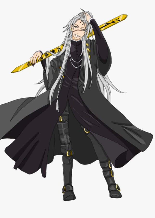 Black Butler Undertaker 桌布 壁紙 — 擁有長銀髮和黑色外套的動漫角色，自信地將黃色劍扛在肩上。
