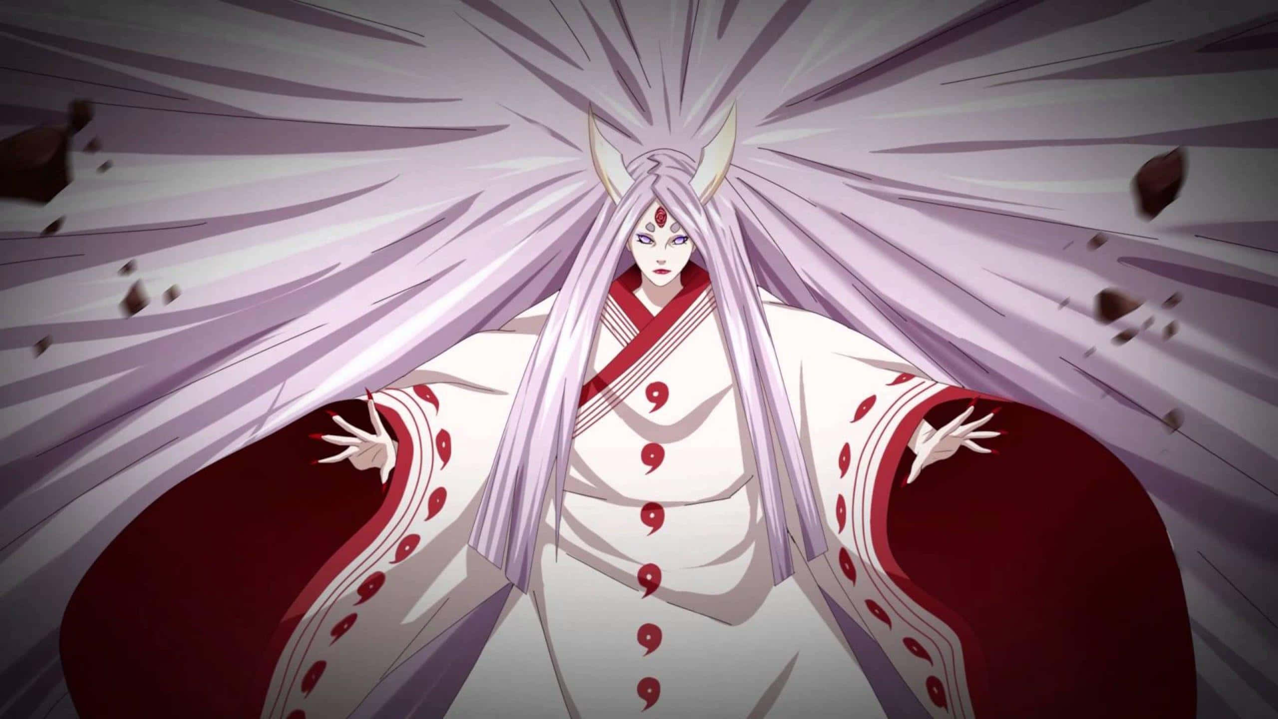 Kaguya Otsutsuki 桌布 壁紙 — 擁有長長白髮和紅色長袍的動漫角色，以紫色能量光束和漂浮碎片散發出力量。