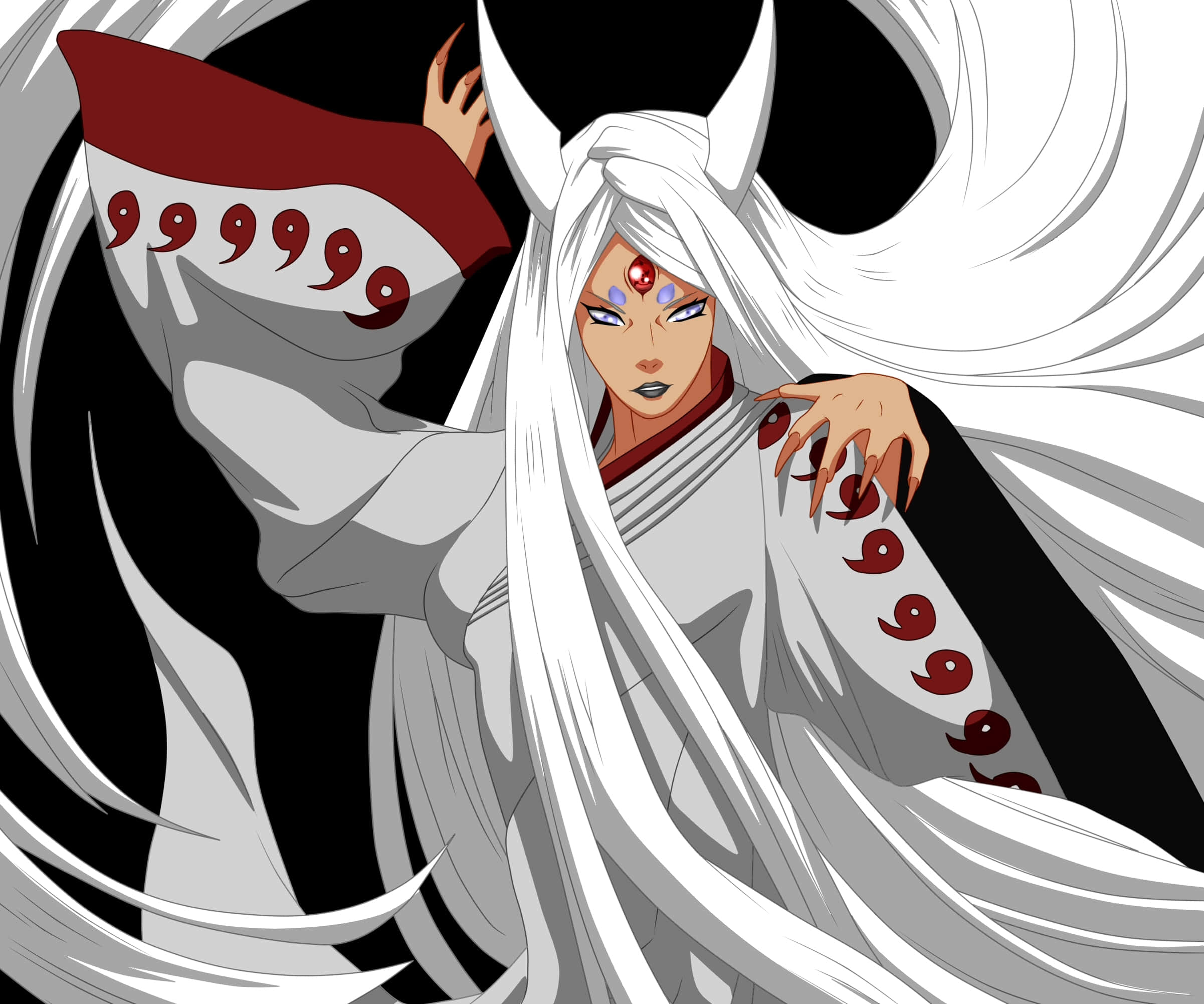 Kaguya Otsutsuki 桌布 壁紙 — 擁有長長白髮和長袍上紅色標記的動漫角色，在旋轉的黑白背景下動態站立。