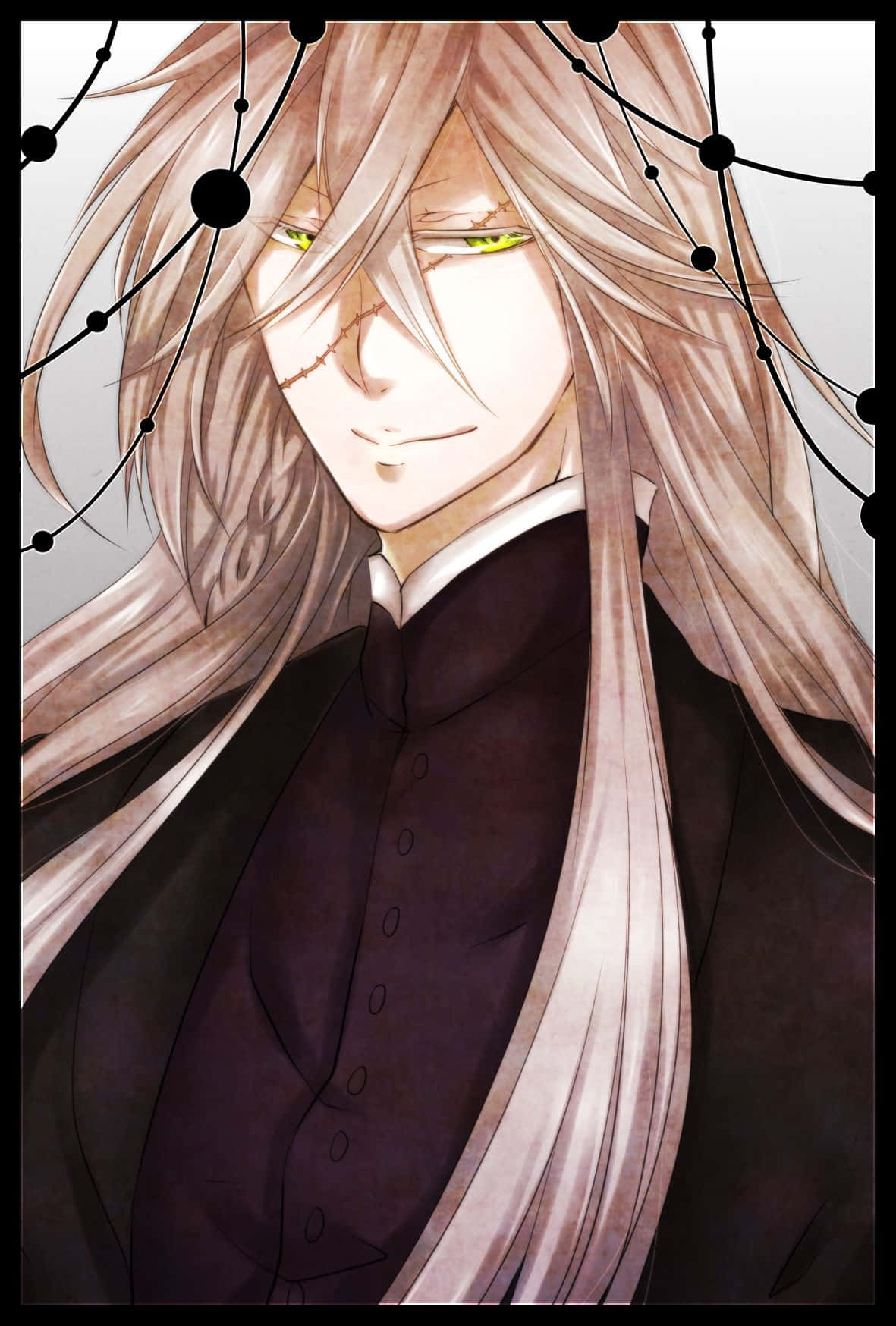 Black Butler Undertaker 桌布 壁紙 — 擁有長長金髮和發光綠色眼睛的動漫角色，在幾何黑色線框光環下穿著深色正式服裝。