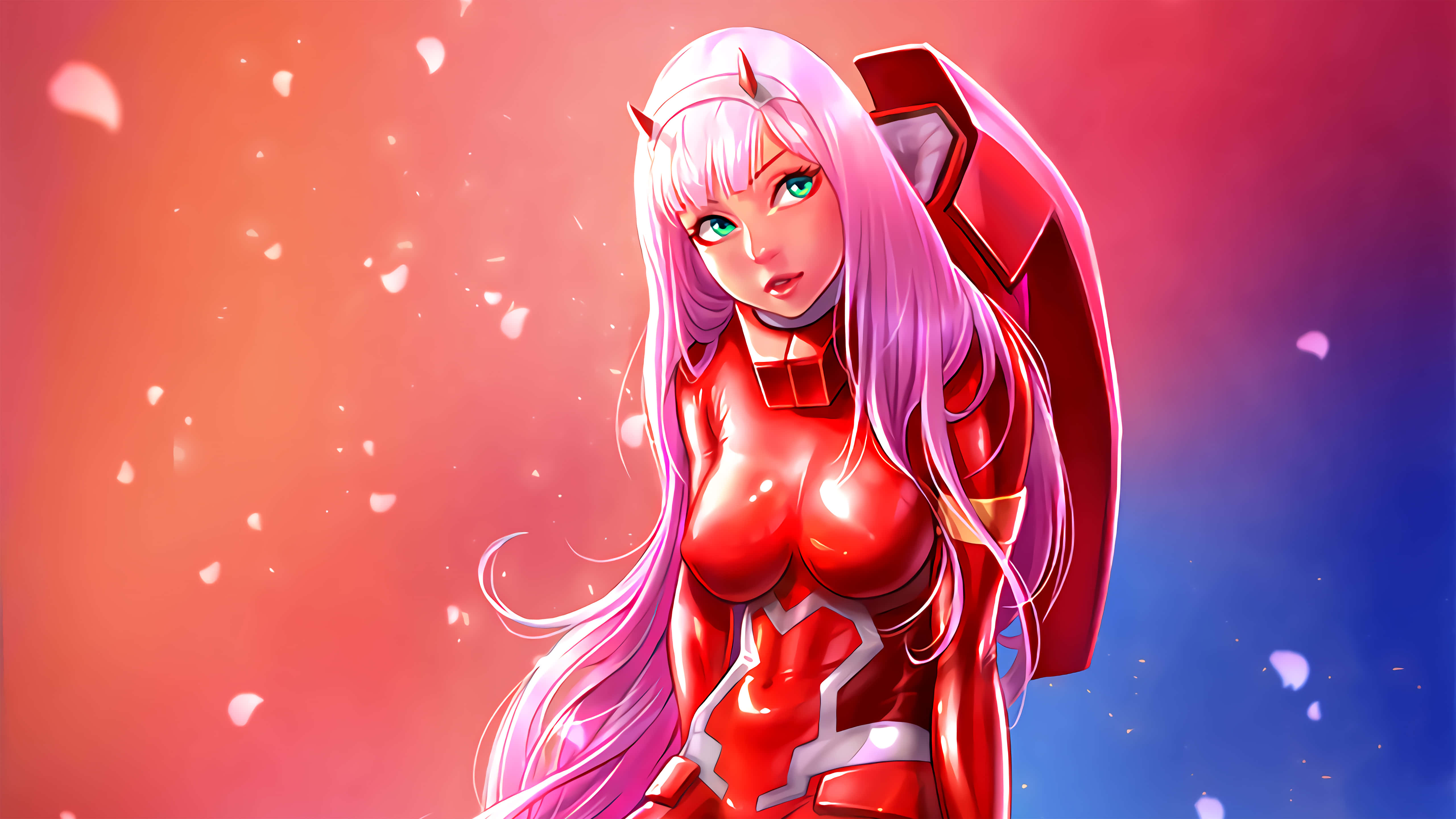 擁有類人之心的機械少女 Zero Two 壁紙 — 一個引人注目的動漫女孩，粉紅色頭髮和紅色盔甲，站在漸變天空下，花瓣飄落。