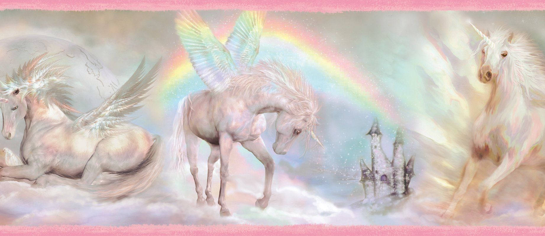 三隻飛馬在夢幻的天空中，在彩虹下的城堡上空翱翔。 — 獨角獸 壁紙