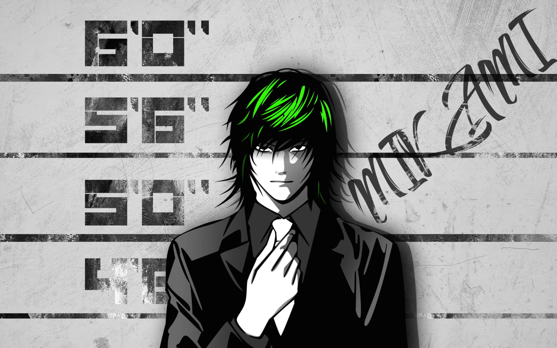 Teru Mikami 桌布 壁紙 — 擁有鮮豔綠色頭髮的動漫角色，在粗糙紋理的牆壁前，以鮮明的入案照風格框架站立。