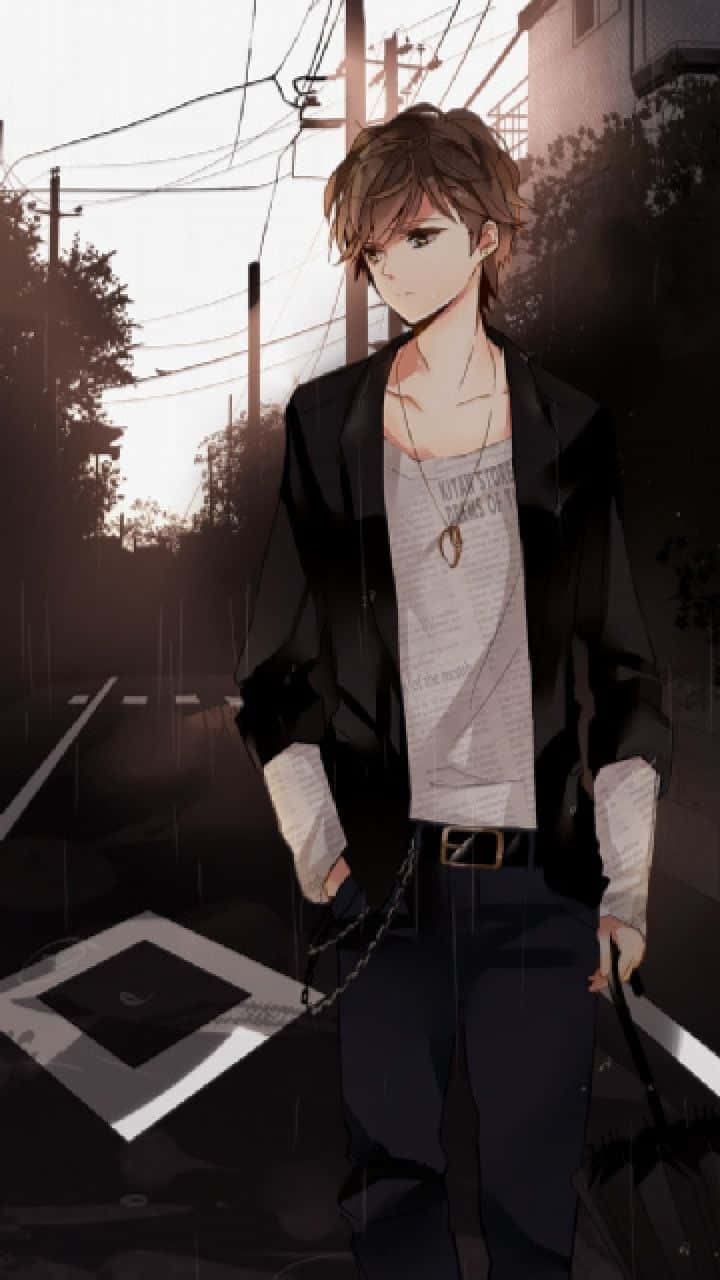 擁有鮮豔藍眼與柔軟粉髮的可愛動漫男孩 壁紙 — 一個棕色頭髮的年輕動漫男子獨自站在下雨的城市街道上，在昏暗的天空下撐著雨傘。