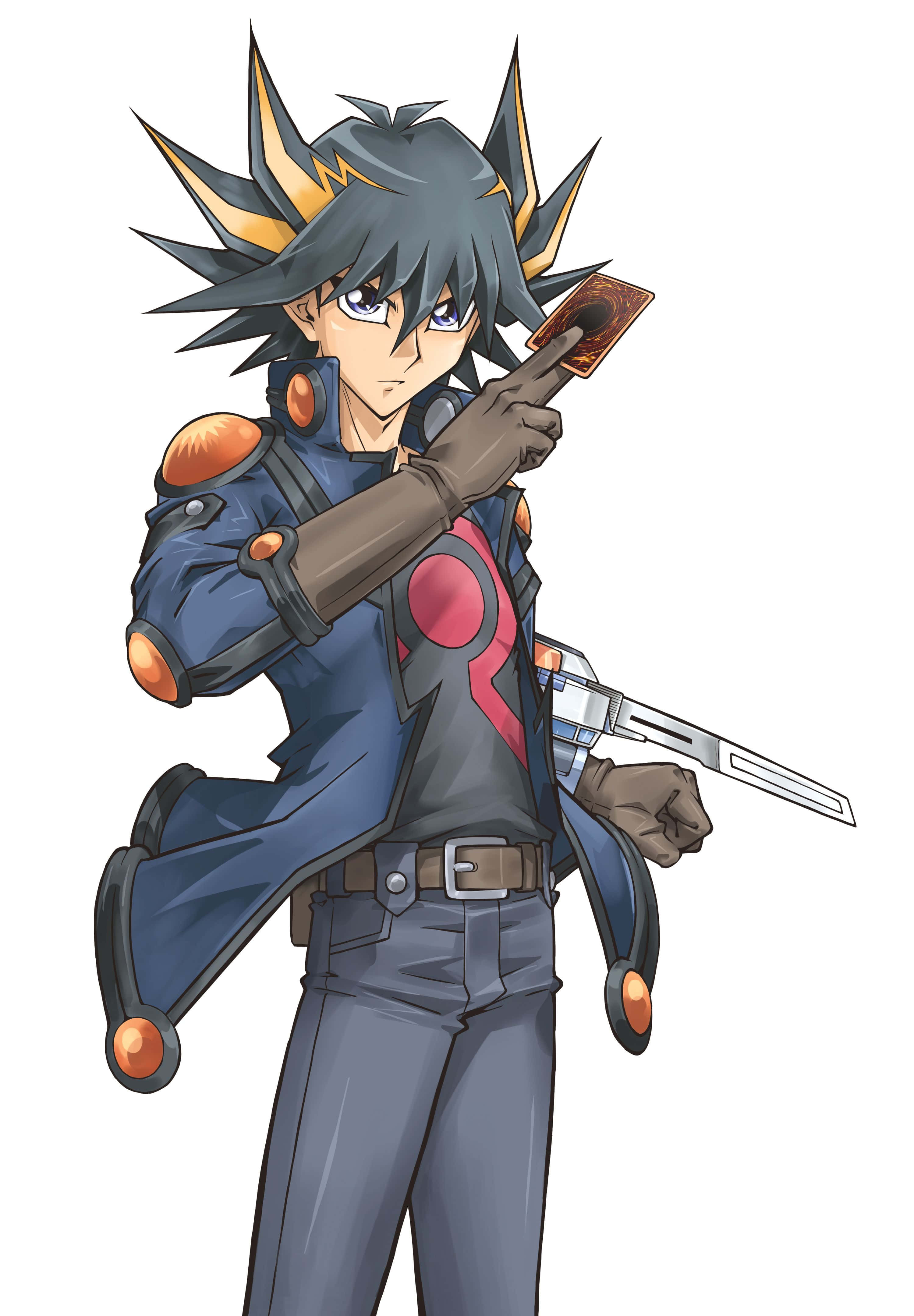 Yusei Fudo 桌布 壁紙 — 擁有黑色和金色刺蝟頭的動漫角色，以堅定的姿勢拿著卡牌和劍。