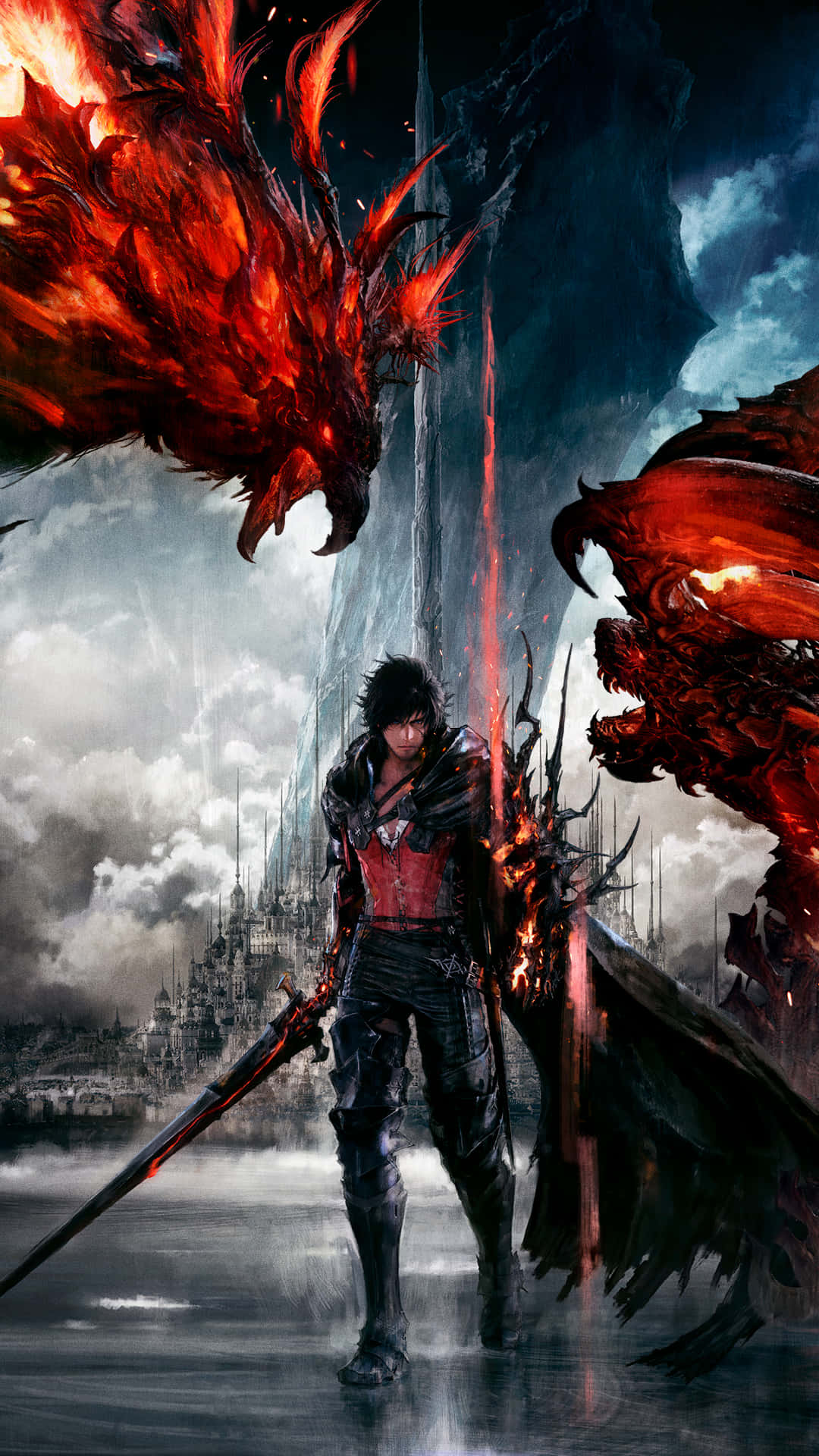 戰士在風暴雲下，於廢墟城市中面對兩條火紅龍。