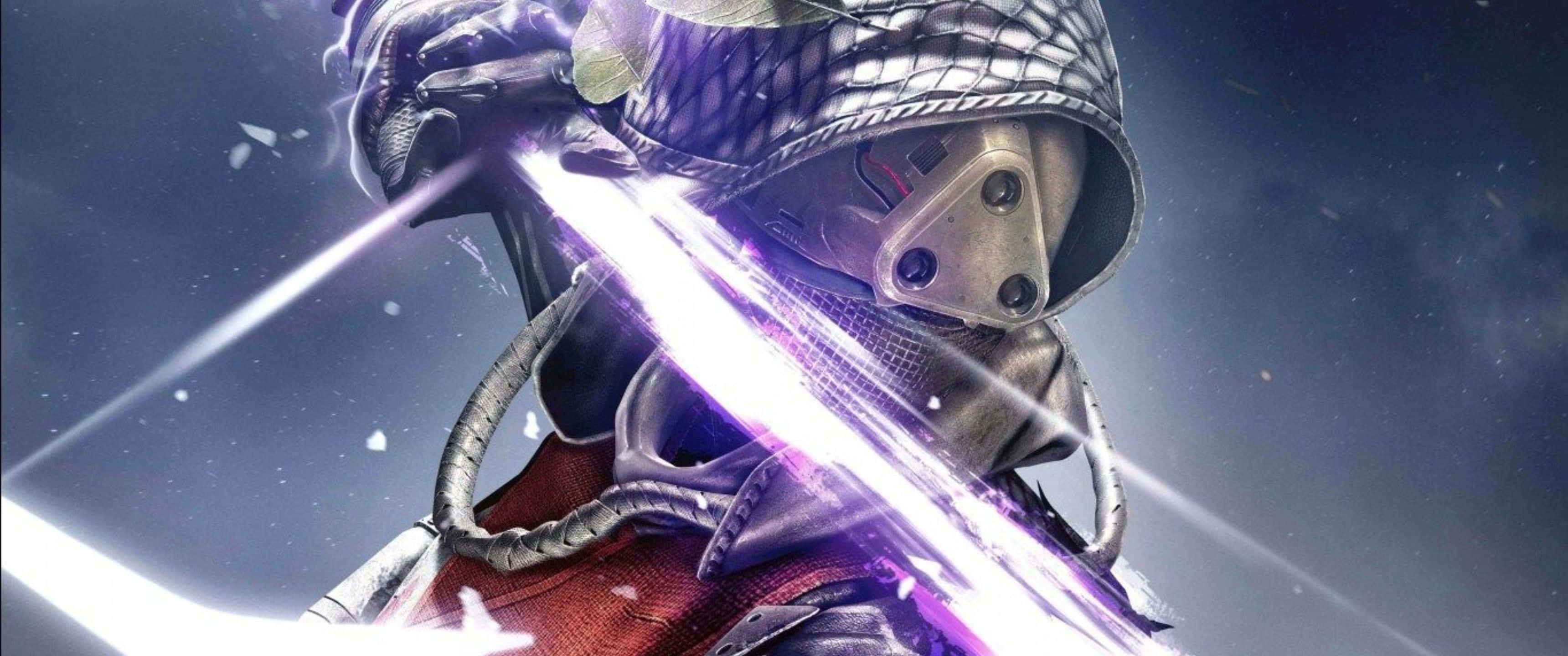 擊敗墮落者，攀上新高峰 —— 《Destiny 2》 壁紙 — 一名戴著面具的戰士身穿未來裝甲，在星空宇宙背景下揮舞著發光的紫色光劍。