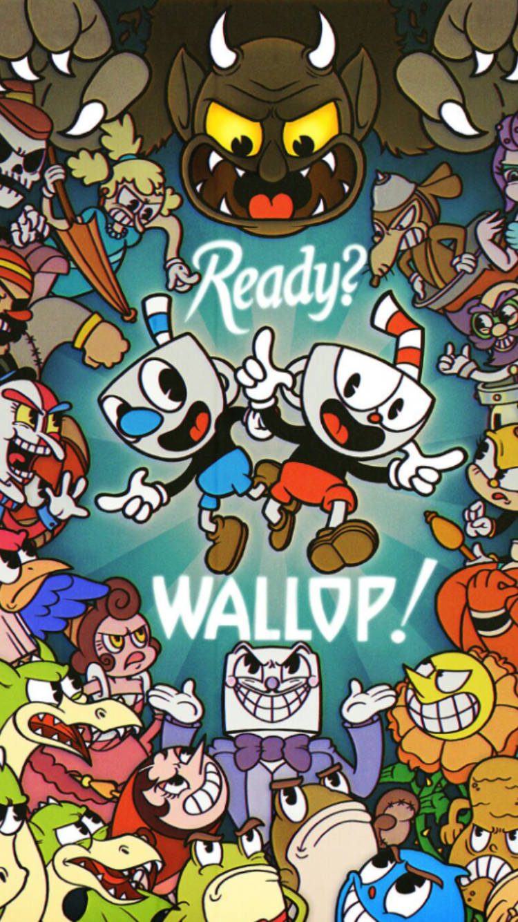 兩個杯角色被憤怒的卡通反派包圍，帶有「Ready? WALLOP!」文字。