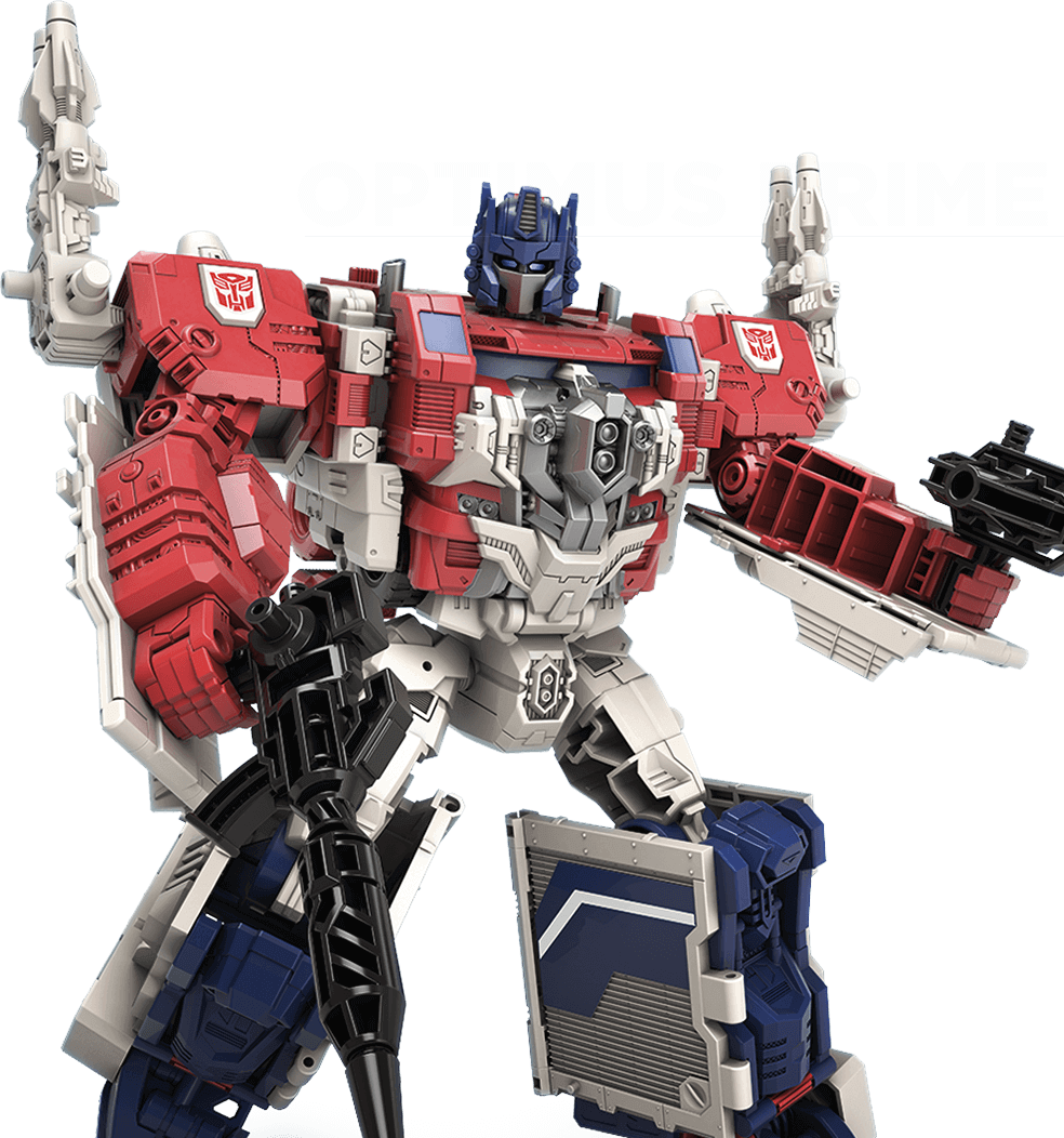 擎天柱戰鬥姿勢 壁紙 — 一個高聳的紅白藍柯柏文（Optimus Prime）動作人偶，在黑色背景上英勇站立，上方顯示其名字。