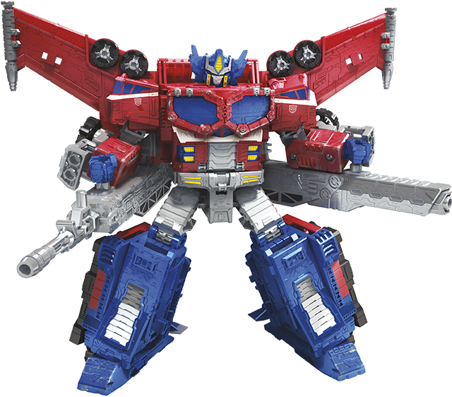 擎天柱機器人模式 壁紙 — 一個紅色和藍色的柯柏文（Optimus Prime）動作人偶以機械人模式站立，帶有翅膀和武器，背景為黑色。