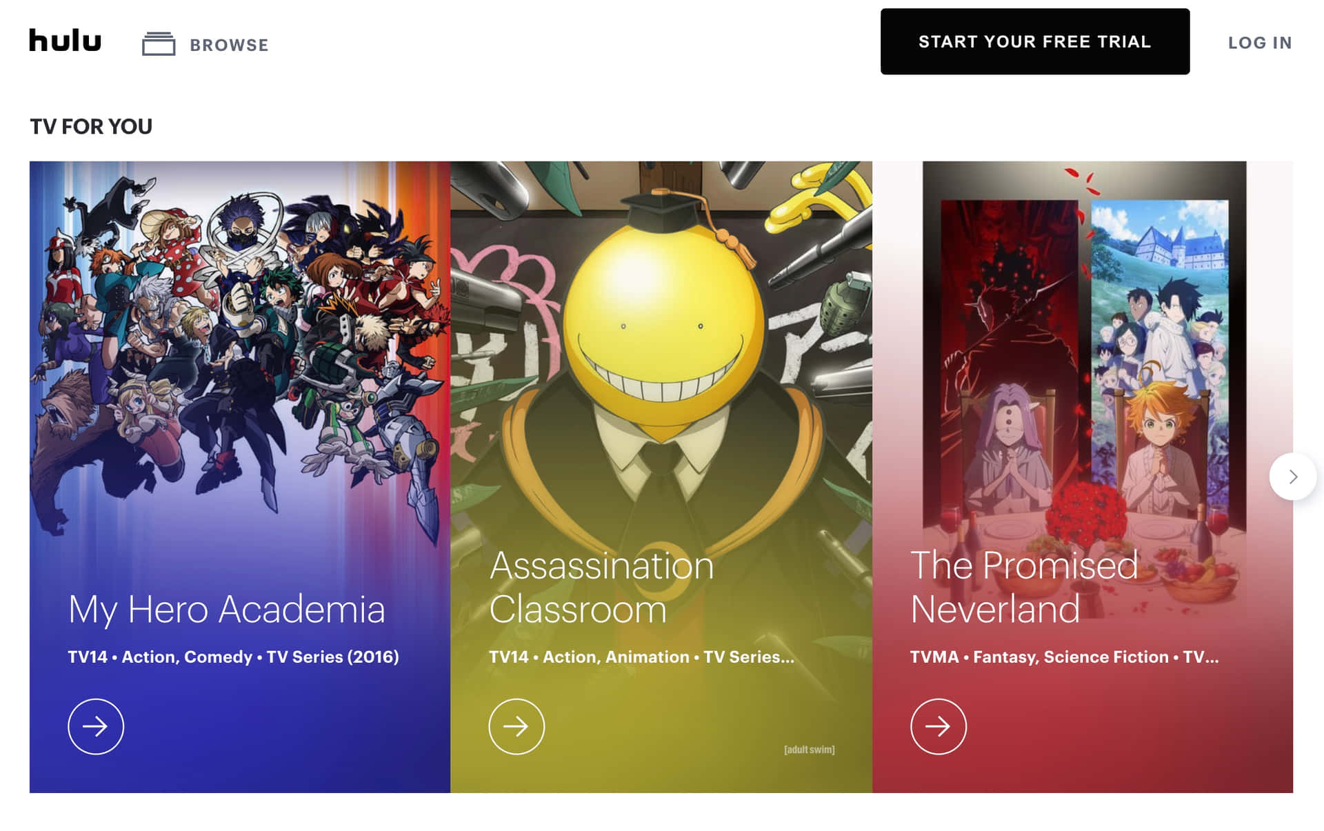 Hulu 首頁顯示《我的英雄學院》、《暗殺教室》和《約定的夢幻島》的動畫電視劇海報。