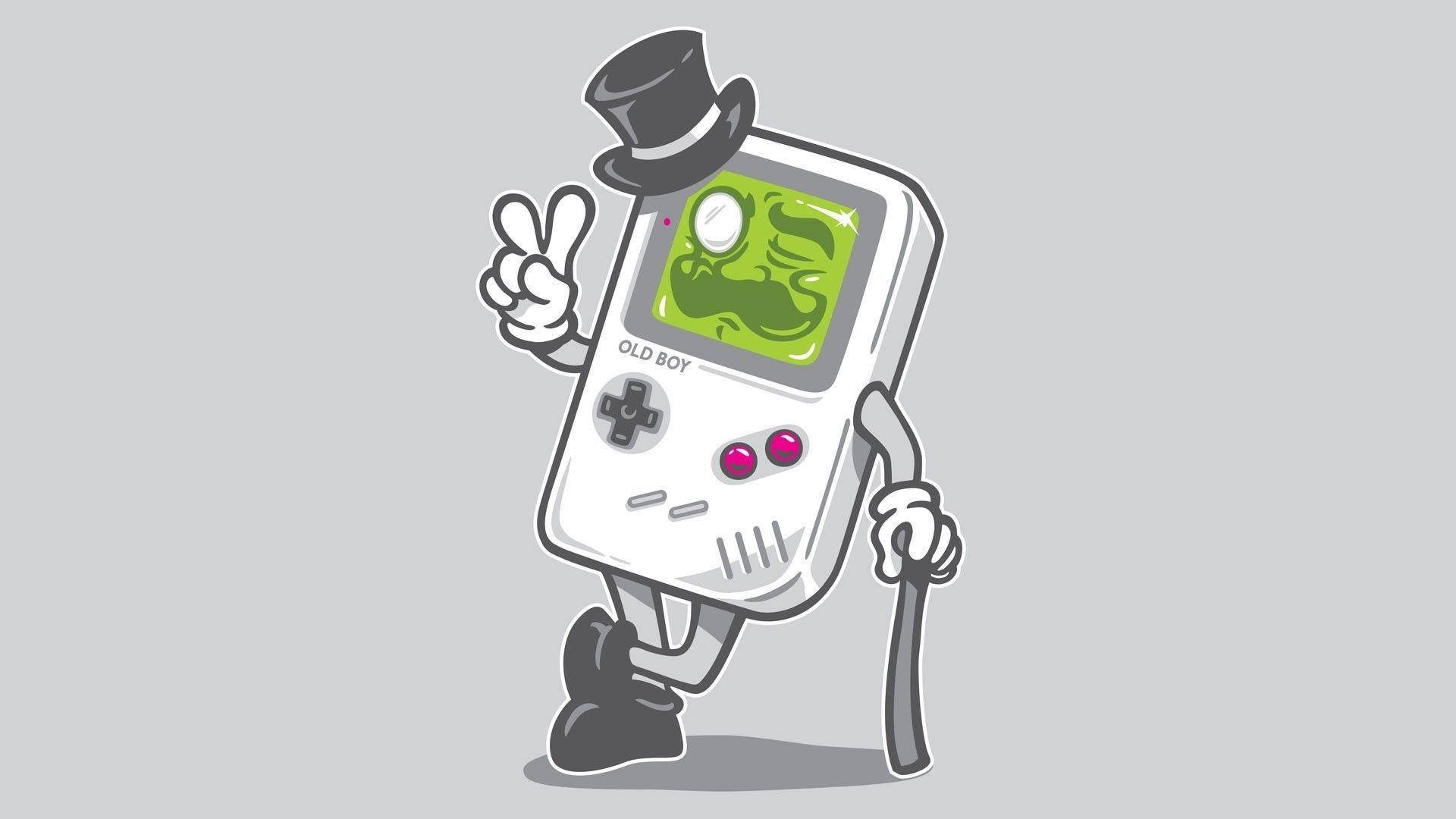 擬人化Game Boy諧趣藝術 壁紙 — 一個卡通 Game Boy 戴著高帽和拿著手杖，在純灰色背景前擺出和平手勢。
