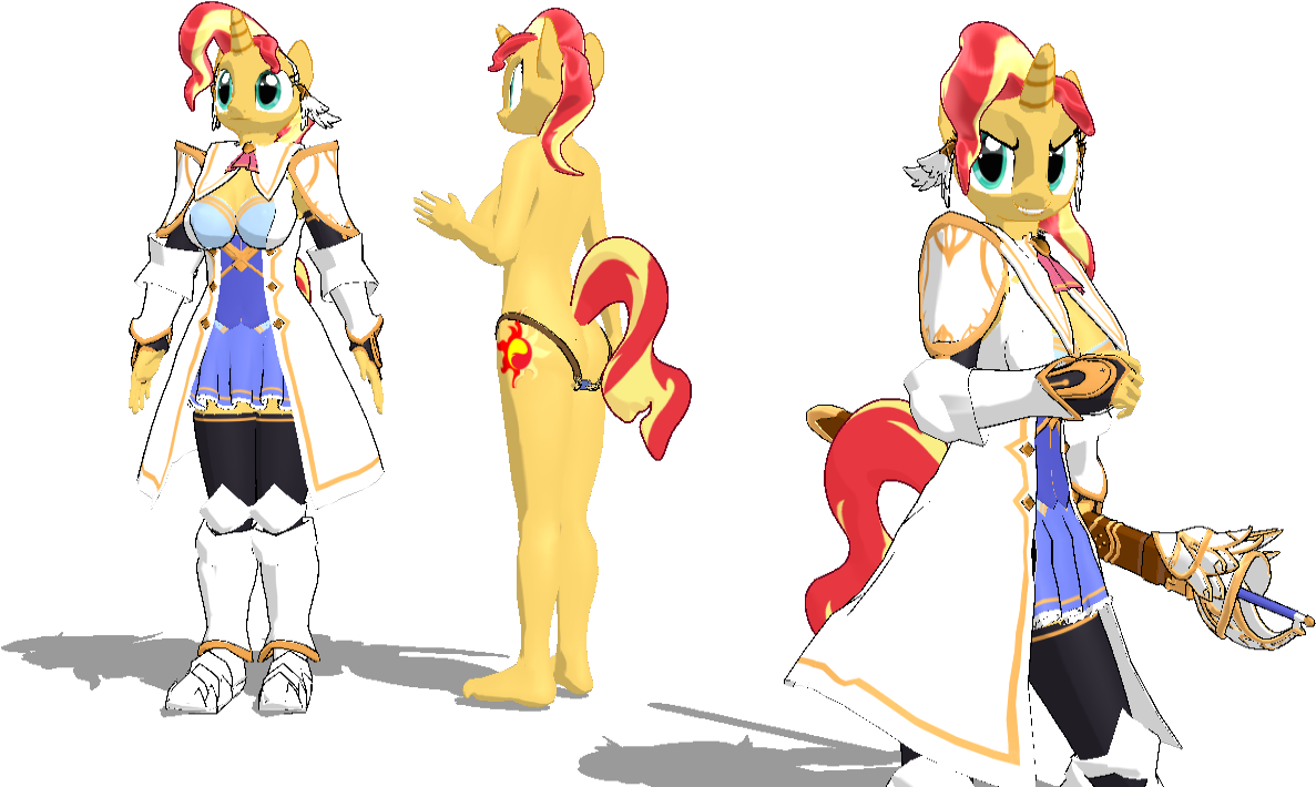 擬人化角色設計 壁紙 — 三個視角展示一隻風格化擬人化小馬，身穿奇幻盔甲和服飾，背景為黑色。