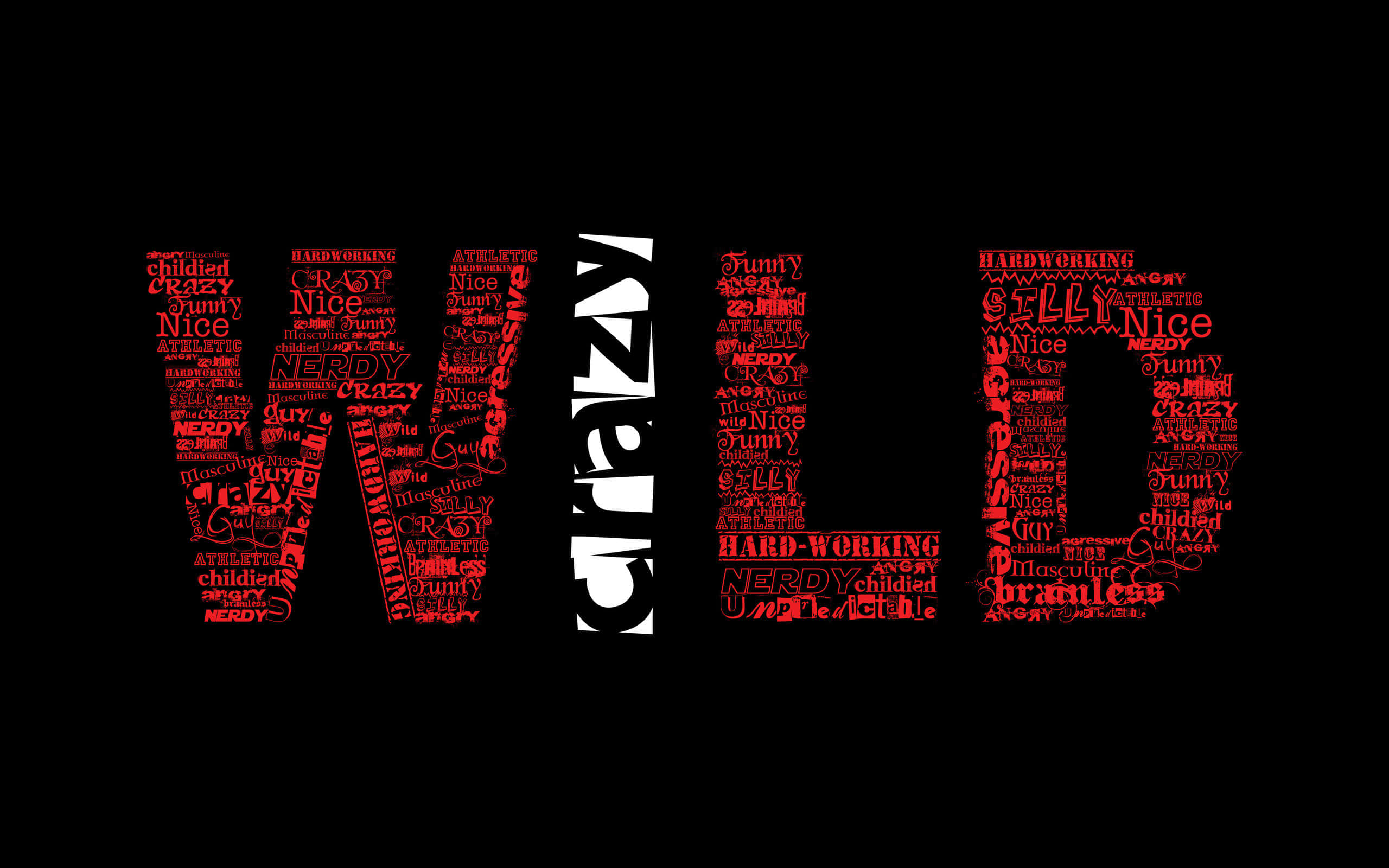 擴展你的詞彙！ 壁紙 — 粗體白色字母的「WILD」一詞在黑色背景上突出顯示，並填滿了紅色單詞，如crazy、silly和nerdy。