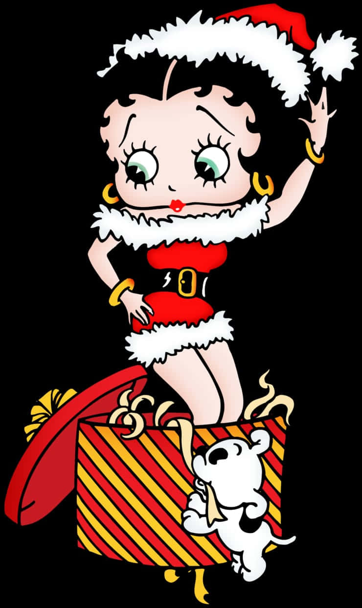 擺個姿勢，秀出你的時尚！ 壁紙 — Betty Boop 身穿節日紅白聖誕老人服裝，在條紋禮物盒上愉快地揮手，旁邊有一隻小白狗。
