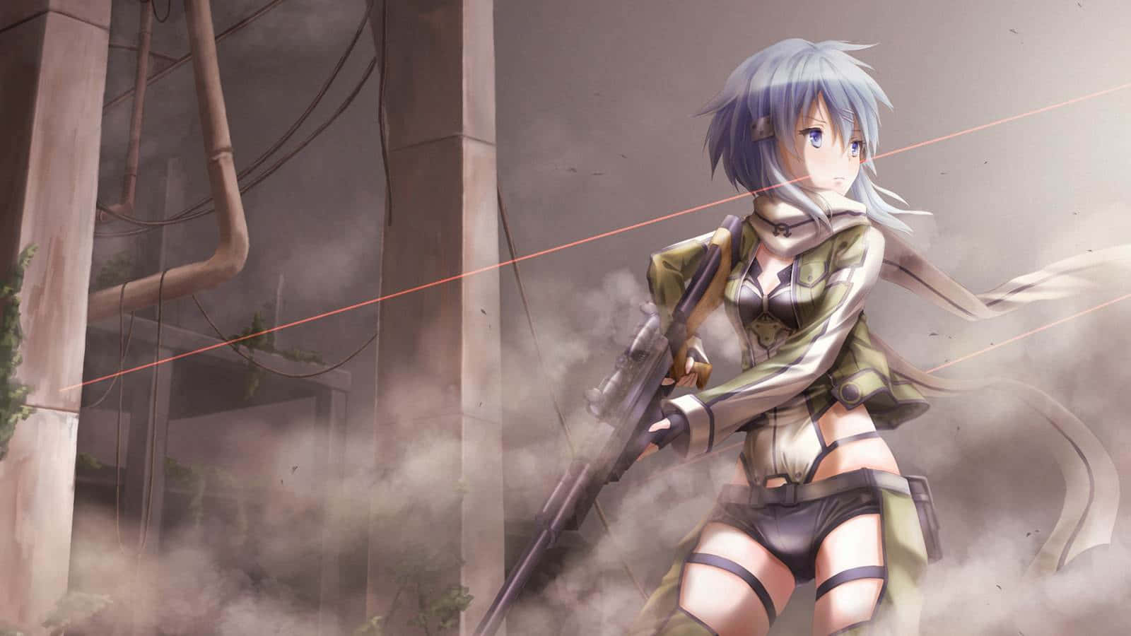 銀髮動漫少女在塵土飛揚的廢墟建築中瞄準步槍，伴有激光束。