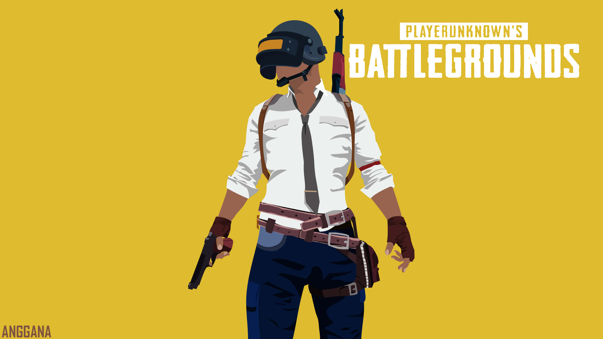 攀登《絕地求生》競技場巔峰 壁紙 — 一個風格化的PUBG角色，身穿白襯衫和頭盔，在純黃色背景上握著一把手槍。