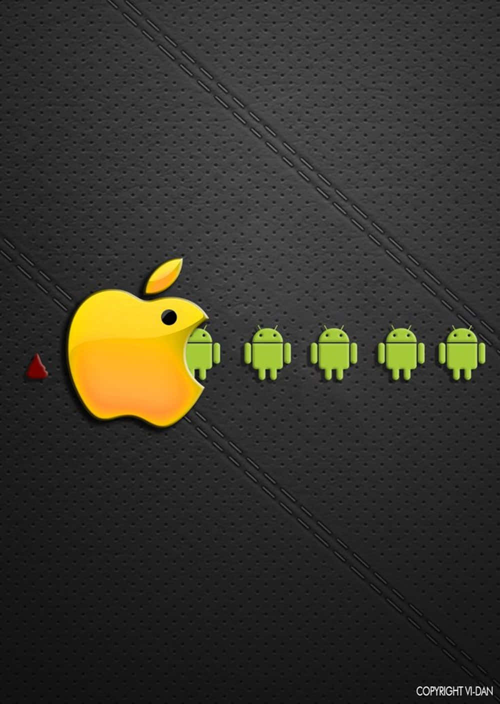 Apple標誌在黑色皮革紋理上吃掉Android人物。