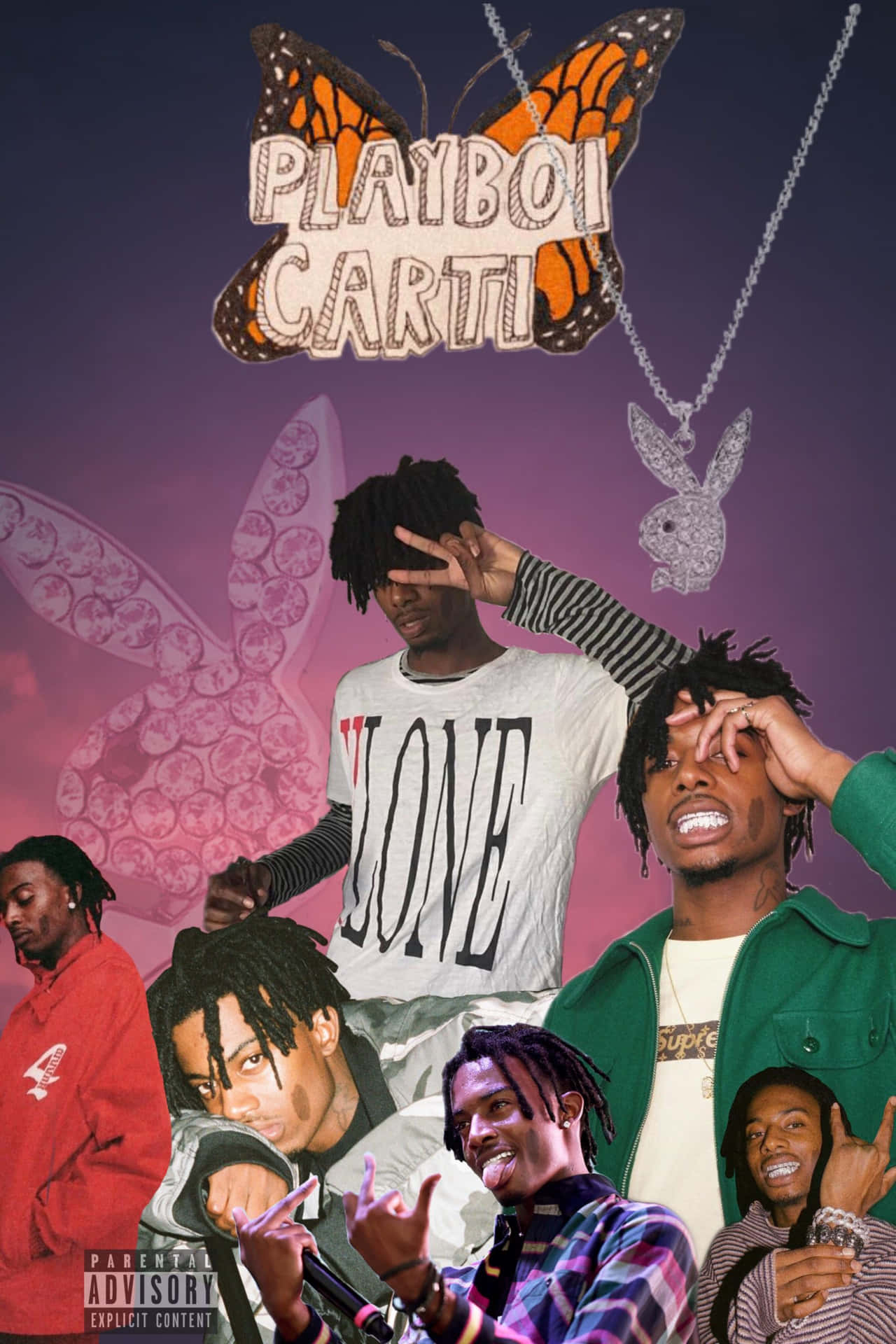 Playboi Carti 拼貼畫，包含蝴蝶和鑽石Playboy兔子圖案。