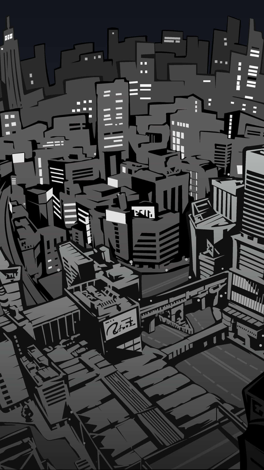 黑白插圖的城市夜景，帶有發光的窗戶和高樓大廈。