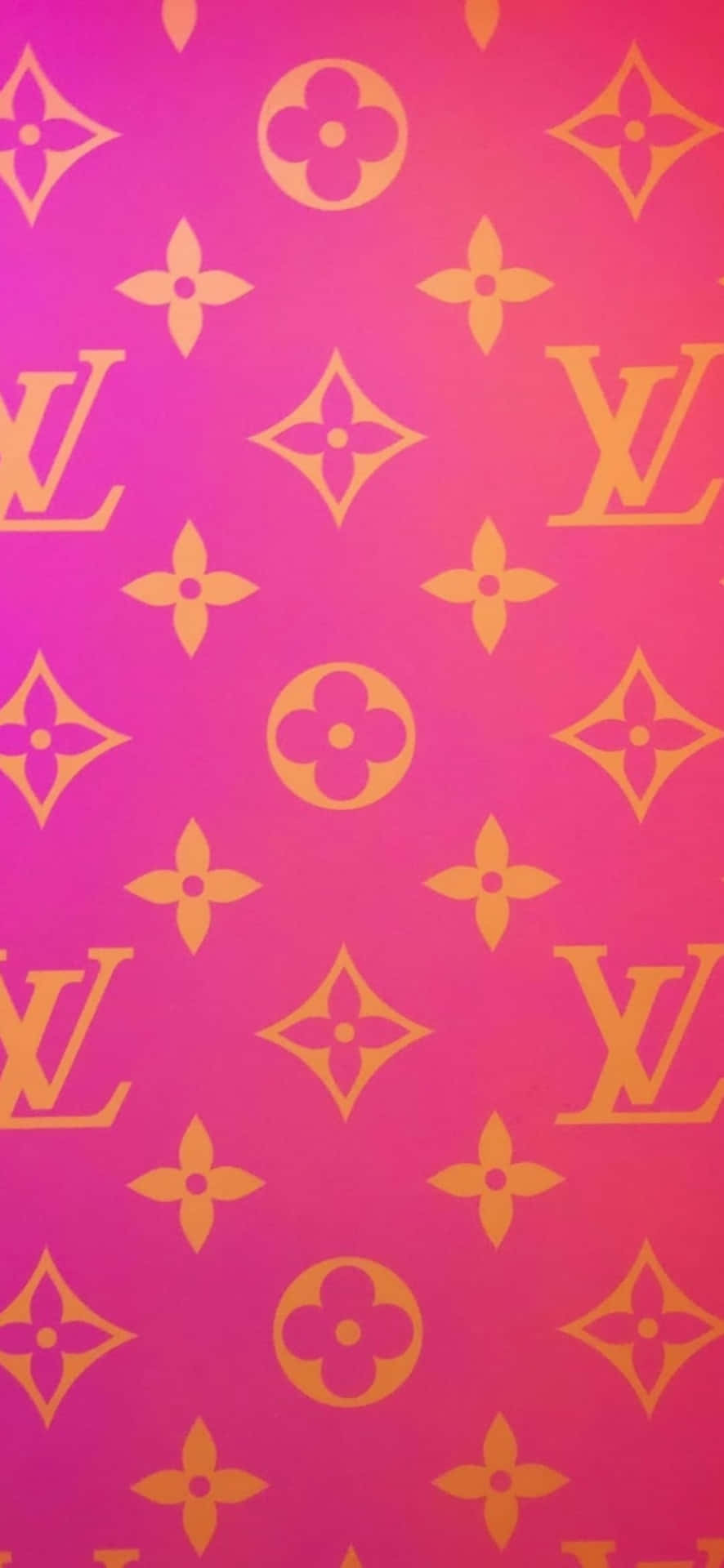 粉紅色漸變背景，帶有金色 Louis Vuitton 標誌和花卉圖案。