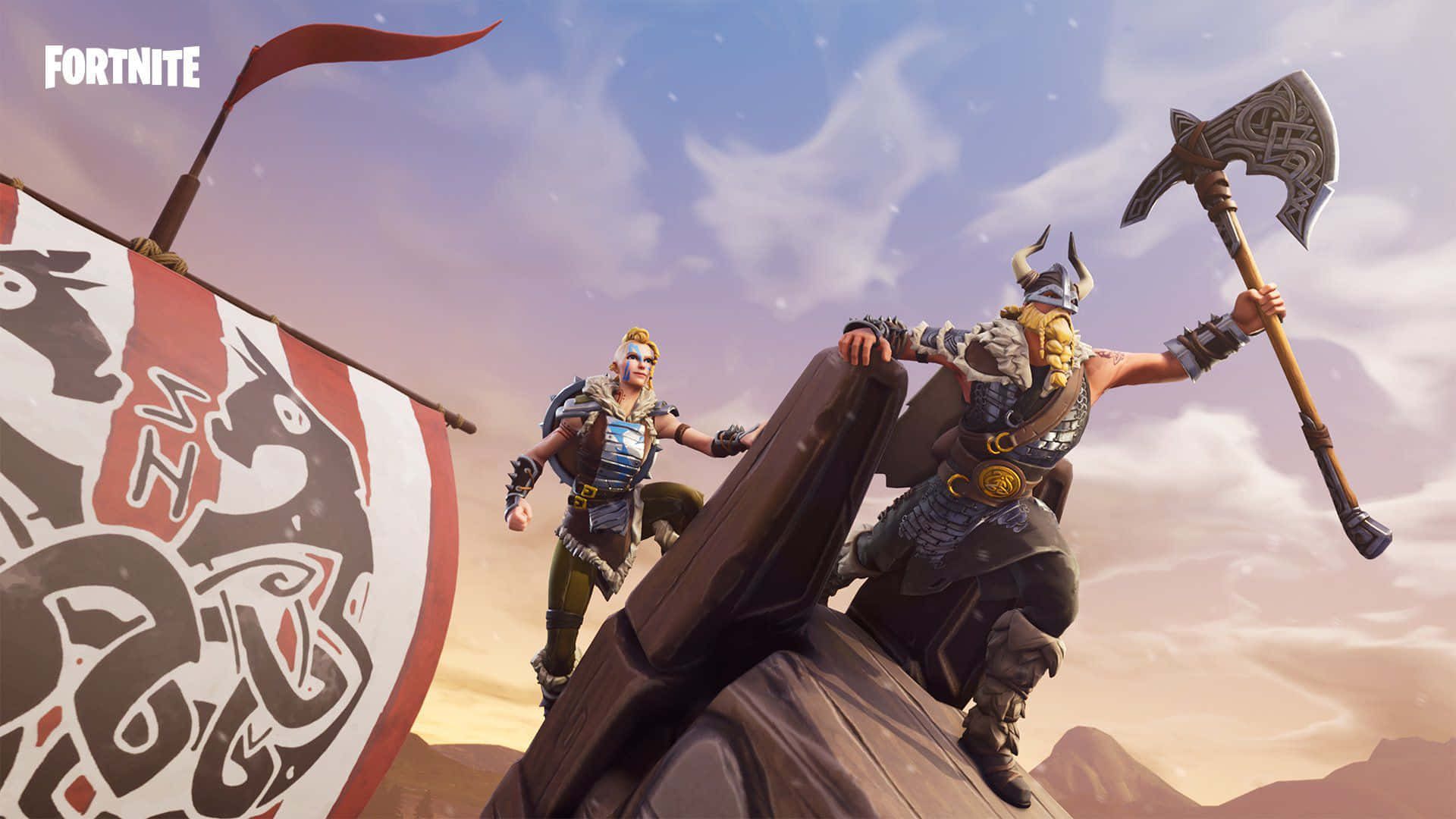 兩名Fortnite維京戰士在掛著大旗的船上。