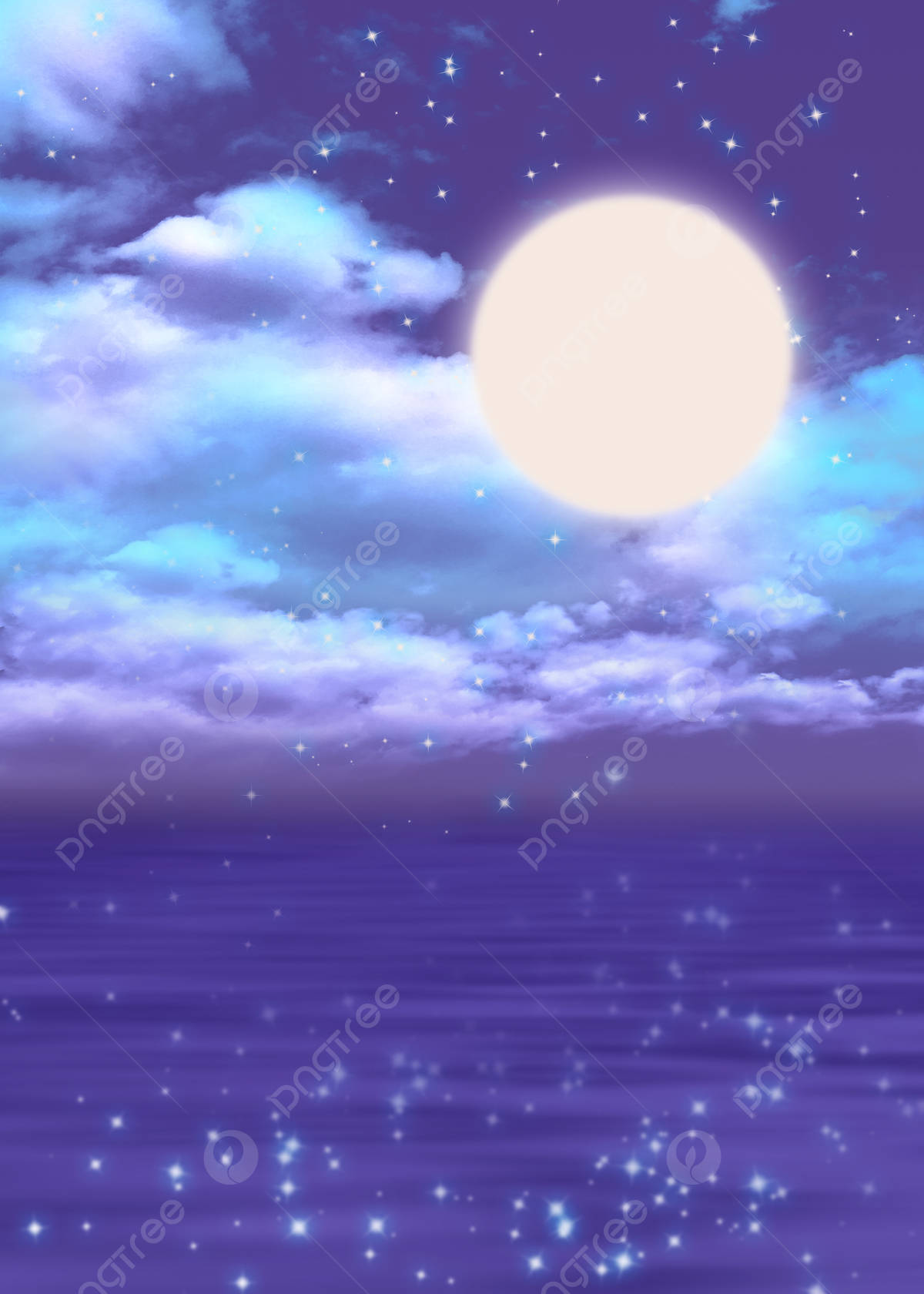 夜晚滿月照耀繁星海洋，帶有紫色和藍色色調。