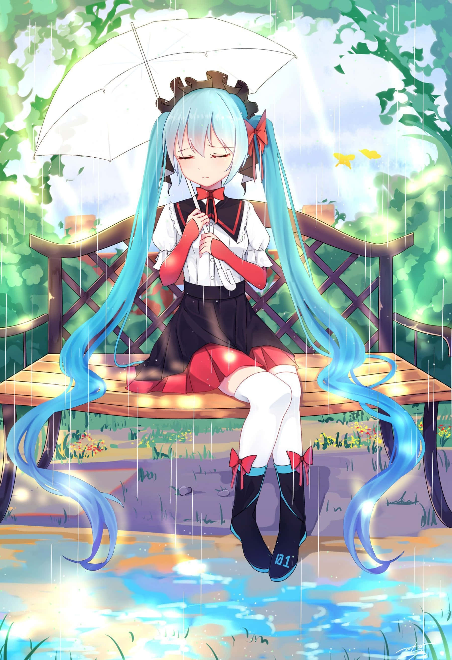 攜帶音樂隨處走，初音未來手機 壁紙 — 一位藍髮動漫女孩閉著眼睛坐在木長椅上，手持白色雨傘，周圍是茂密的綠色花園，雨水在她身邊落下。