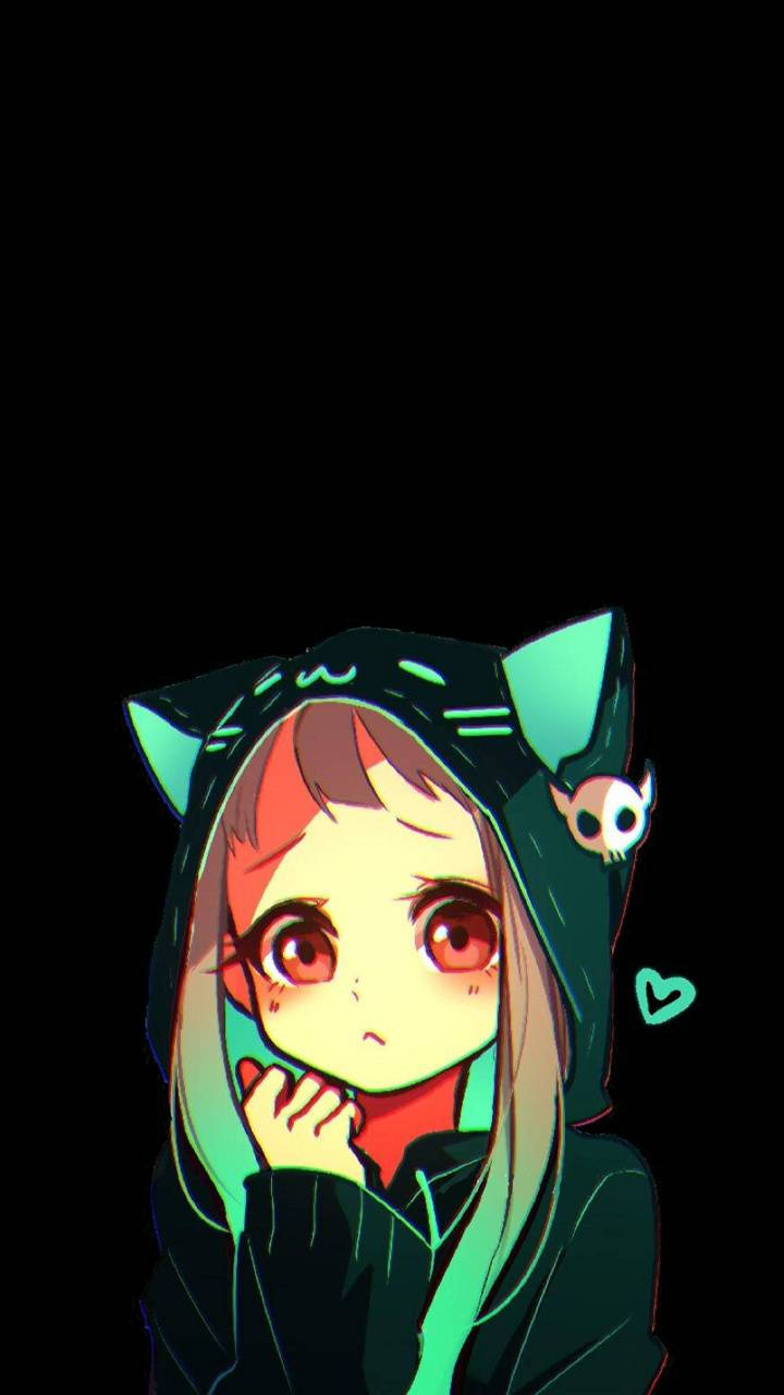 穿著發光綠色貓咪連帽衫的動漫女孩，帶著小貓頭鷹和心形