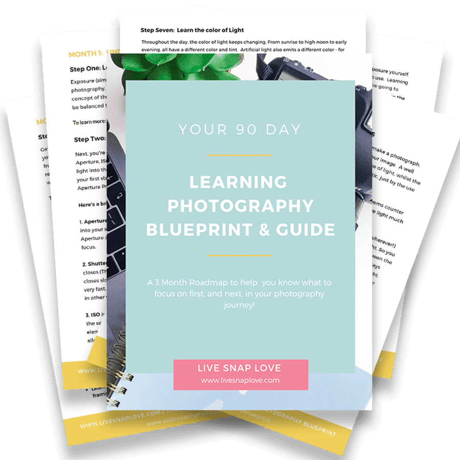 攝影學習藍圖指南 壁紙 — 一本淺藍色指南書，名為 'Your 90 Day Learning Photography Blueprint & Guide'，放在散落的印刷頁面上，上面有攝影技巧和一個粉紅色網站橫幅。