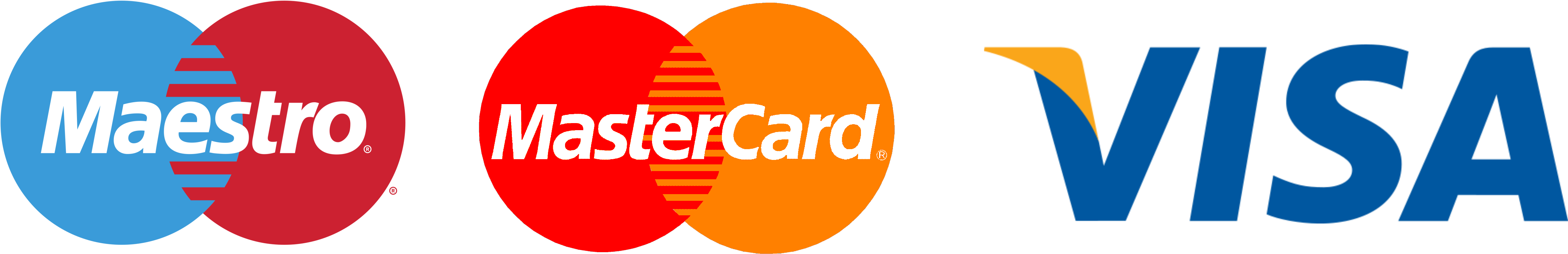 支付網路標誌 壁紙 — 三個支付標誌 Maestro MasterCard 和 VISA 並排顯示在黑色背景上。