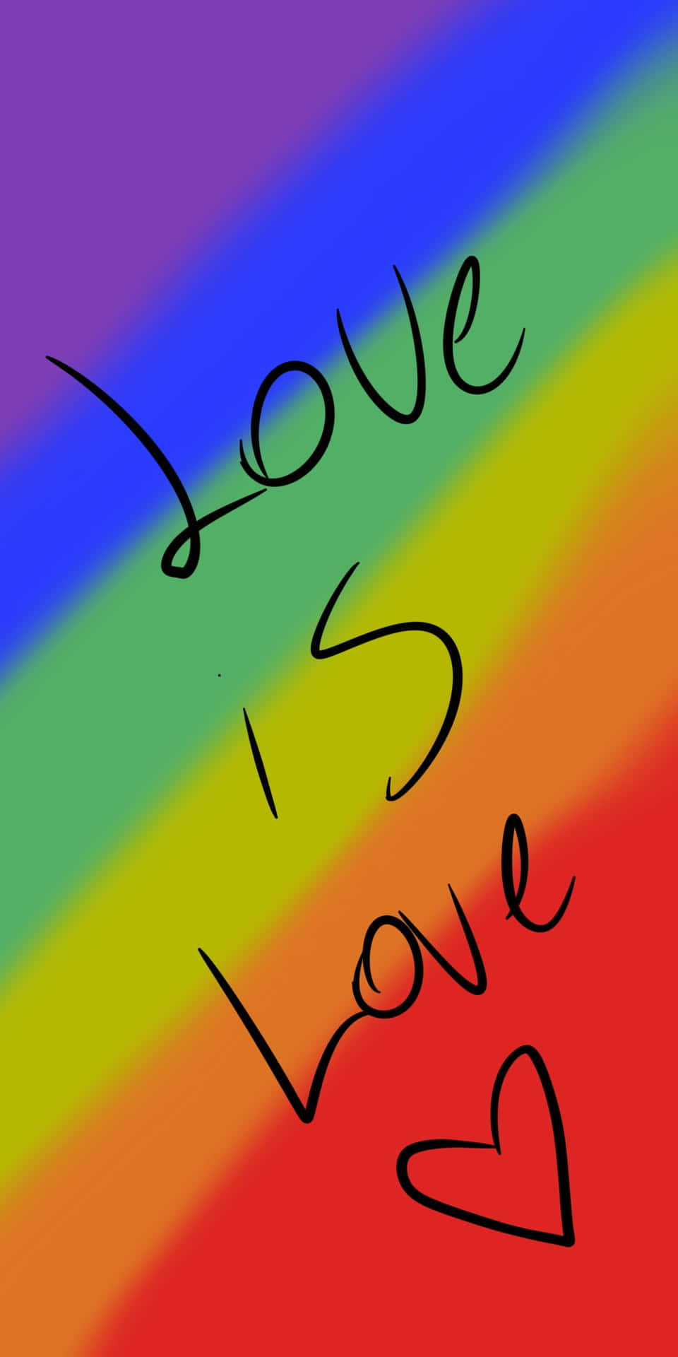 彩虹背景，上面有手寫文字「Love is Love」和一個心形。
