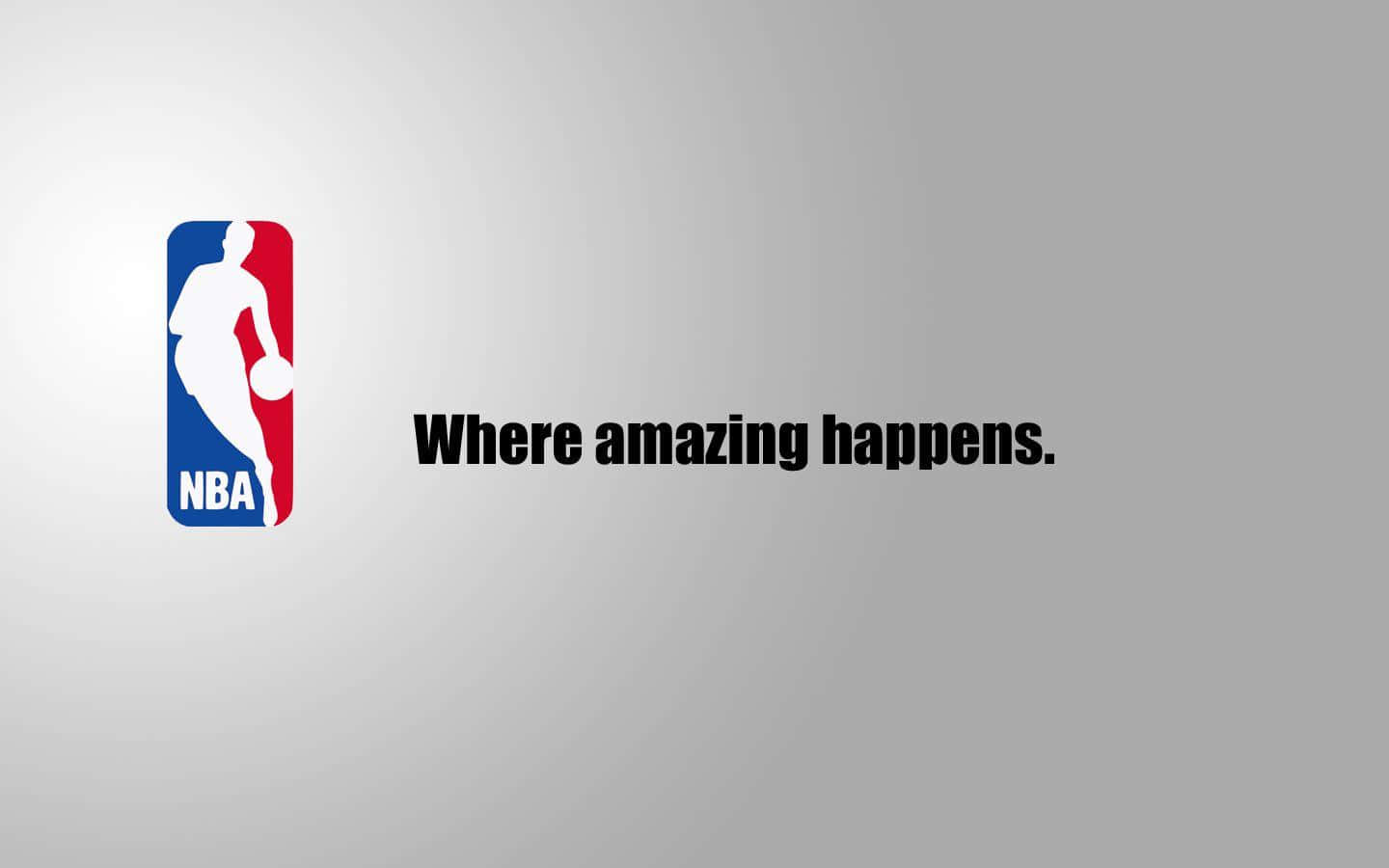 NBA標誌，灰色背景上球員剪影和標語where amazing happens。