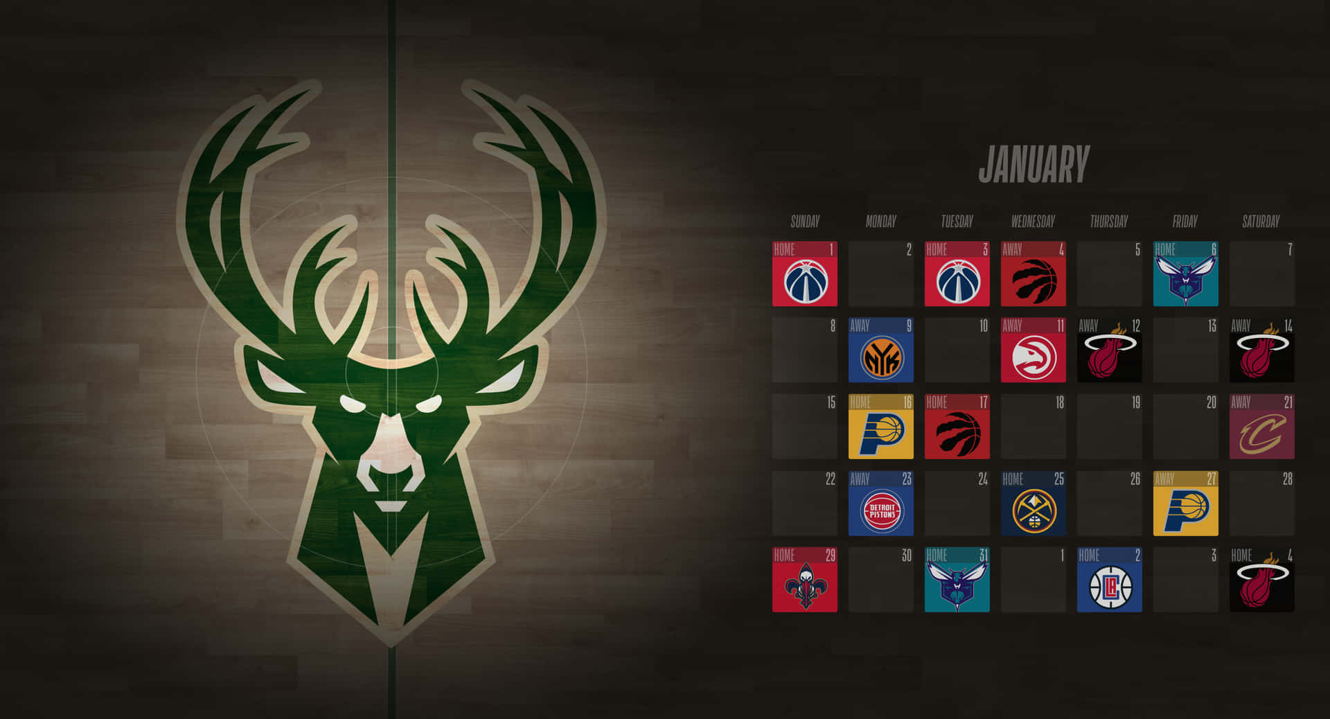 密爾沃基公鹿隊標誌和1月NBA賽程表在木質背景上。