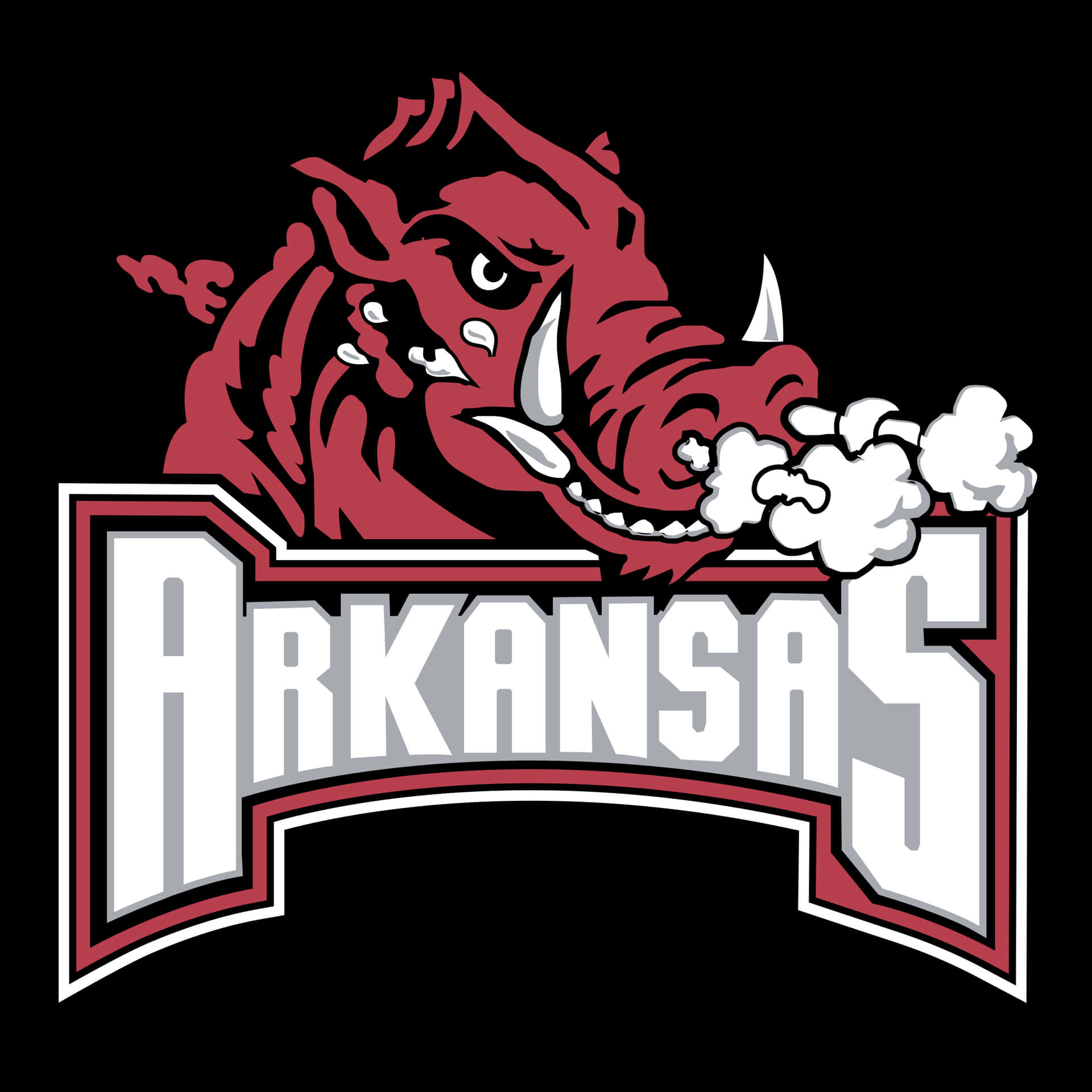 Arkansas Razorbacks 標誌，黑色背景上有紅色野豬和白色煙霧。