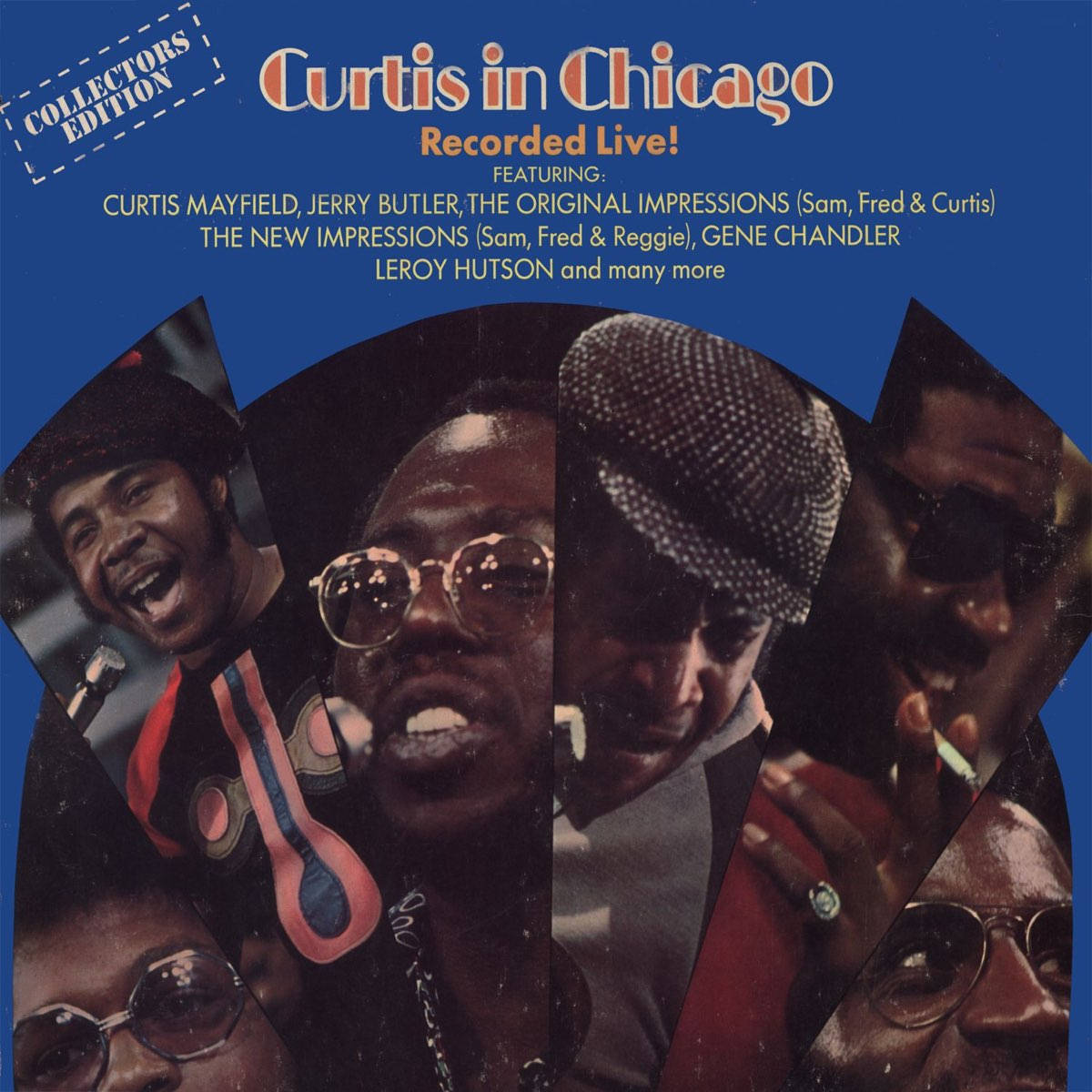 收藏版 Curtis Mayfield 和 The Impressions 在芝加哥 壁紙 — 充滿活力的 1960 年代靈魂樂專輯封面，微笑的黑人音樂家戴著太陽眼鏡和帽子，背景是醒目的藍色。