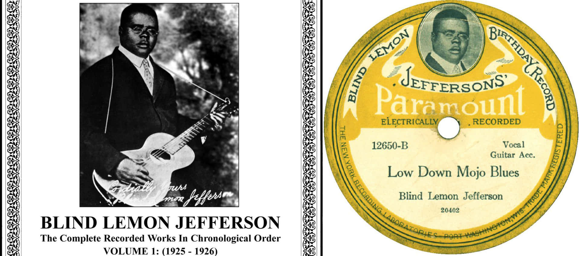 Blind Lemon Jefferson 喺佢 Paramount 唱片標籤旁邊揸住結他。