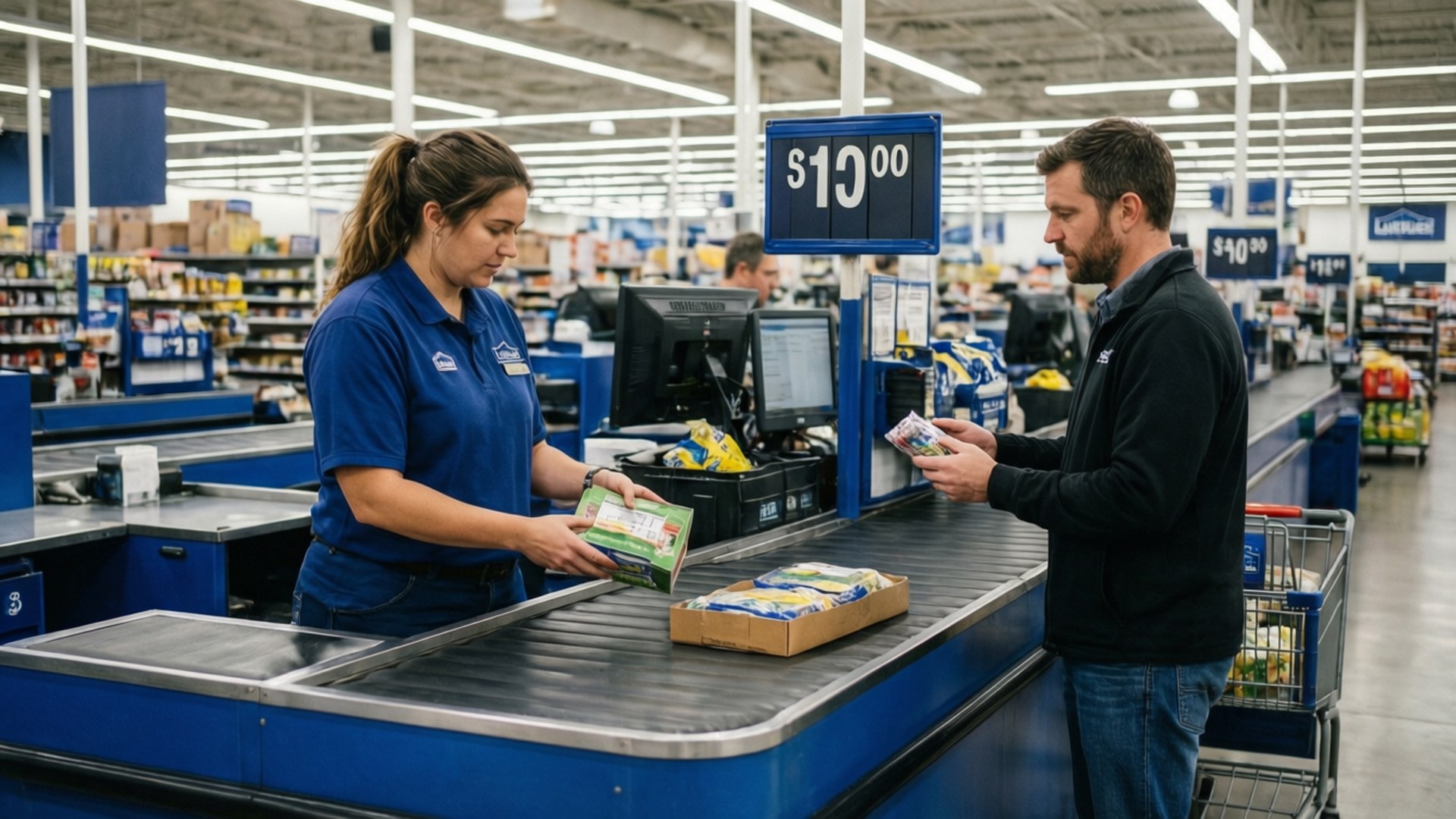顧客在Walmart收銀處付款購買雜貨，收銀員正在掃描商品。