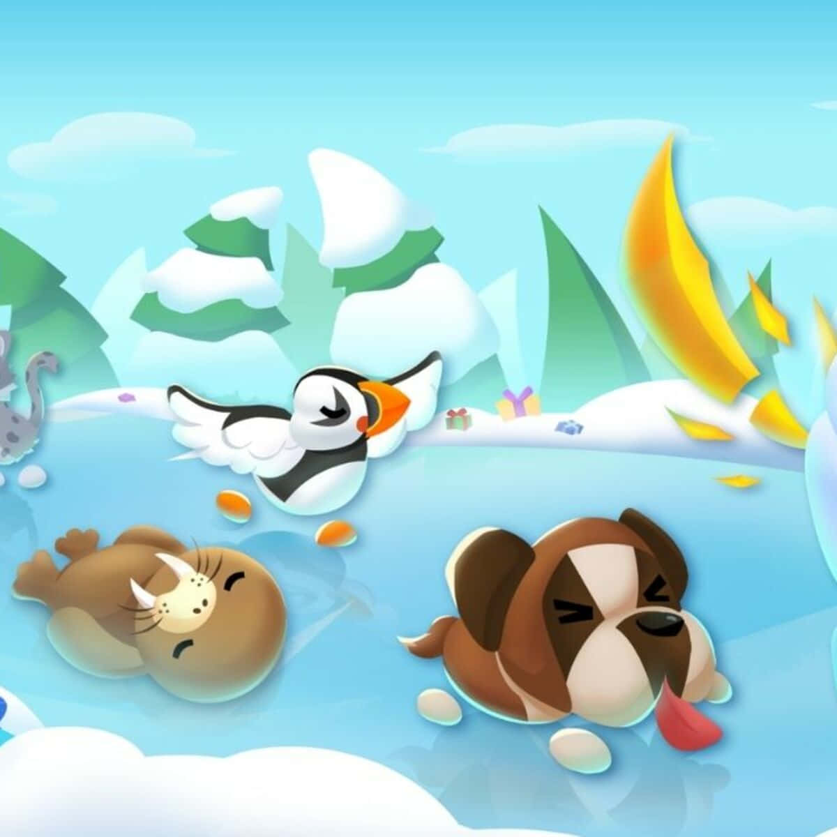 卡通動物在雪水中放鬆，有飛行的企鵝和晴朗的天空。