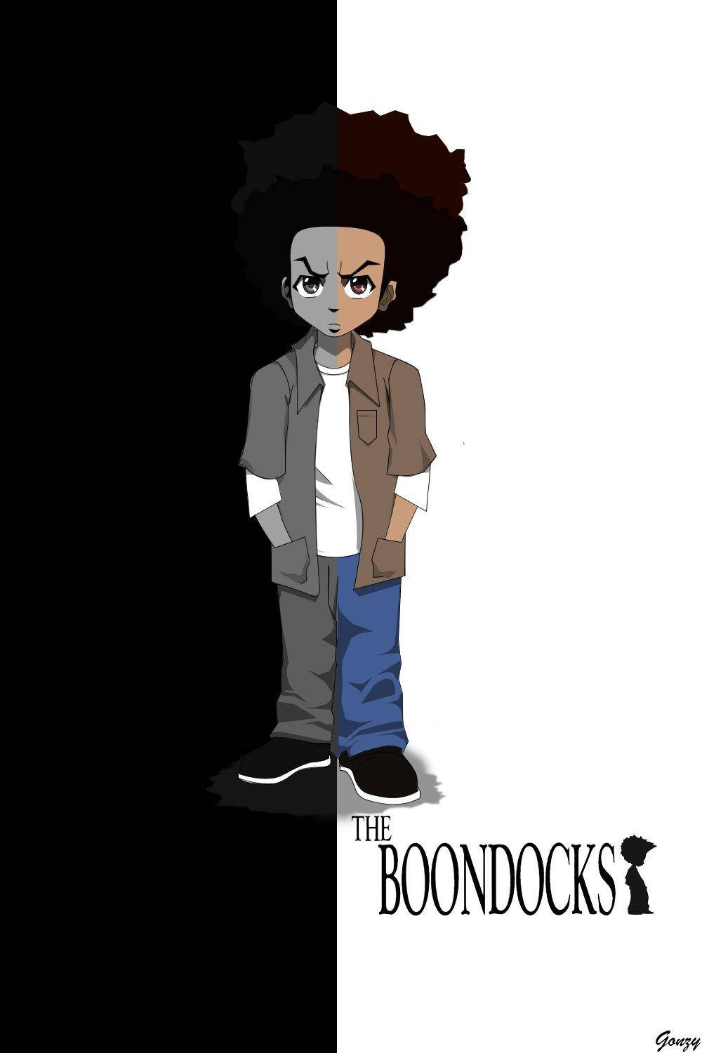 卡通男孩留著爆炸頭，黑白背景之間，有The Boondocks文字。