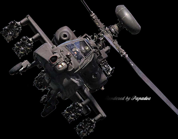 攻擊直升機夜間作戰渲染圖 壁紙 — 一架黑色軍用直升機的詳細3D渲染圖，帶有旋翼葉片和外部吊艙，背景為純黑色。