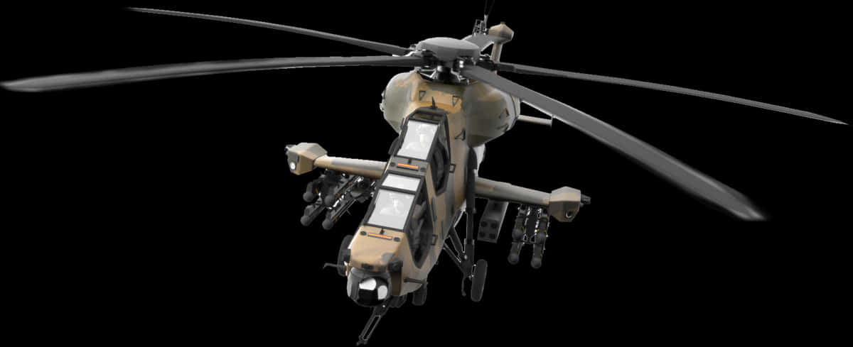 攻擊直升機飛行中 壁紙 — 一架軍用直升機帶有迷彩塗裝和安裝的武器，在純黑色背景上盤旋。